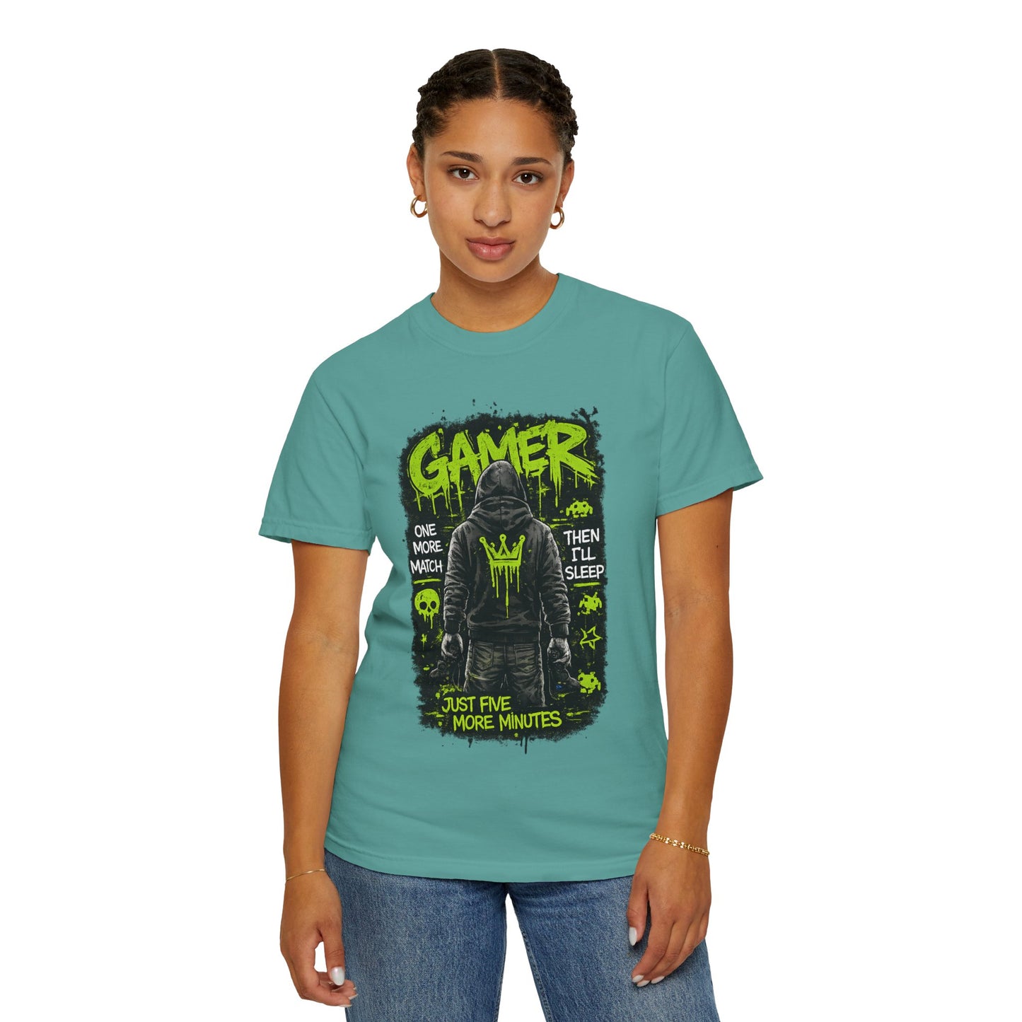Gamer Hoodie-Style Graphic T-Shirt | Neon Green Skull, 'Just Five More Minutes'