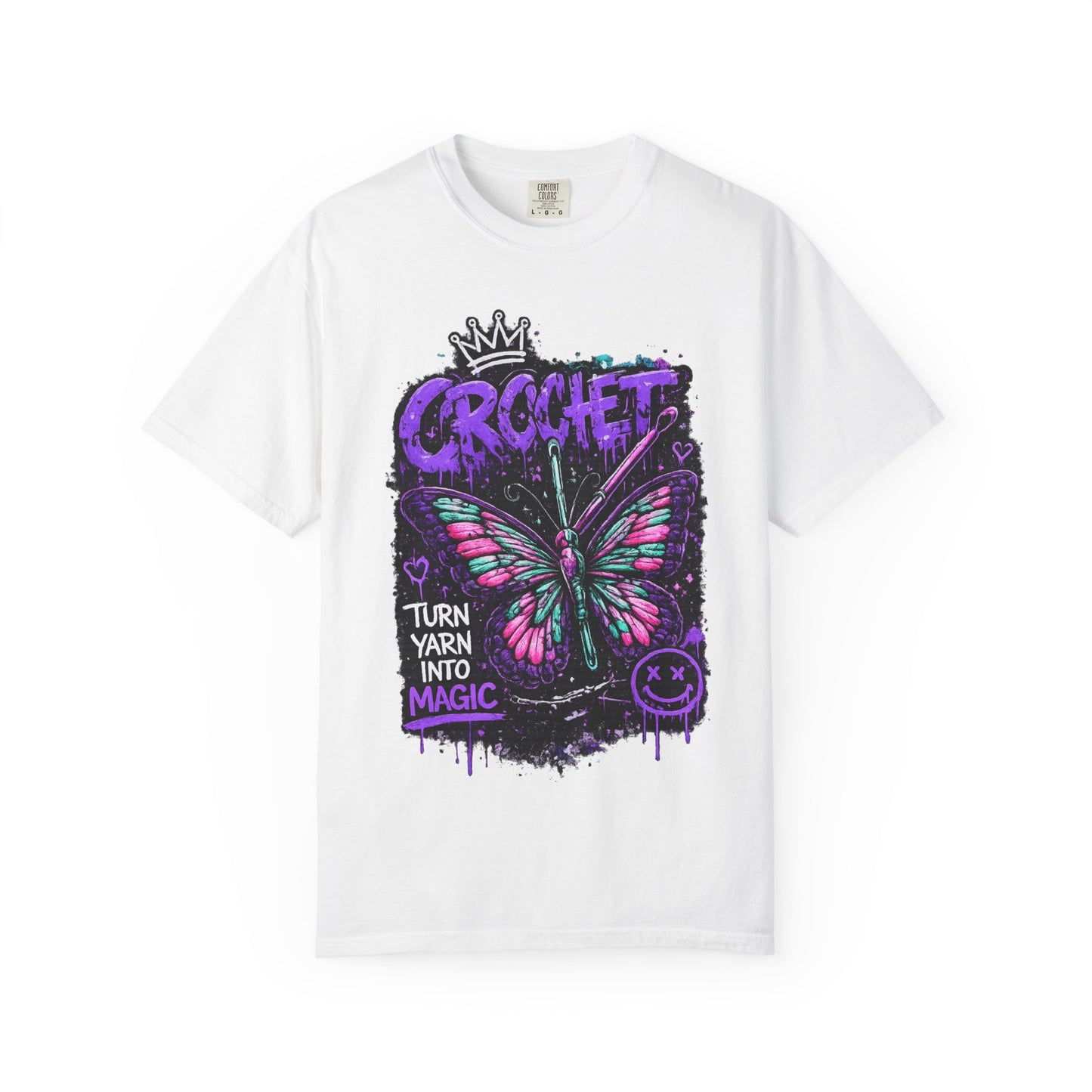 Crochet Butterfly T-Shirt — "Turn Yarn Into Magic" Graphic Tee