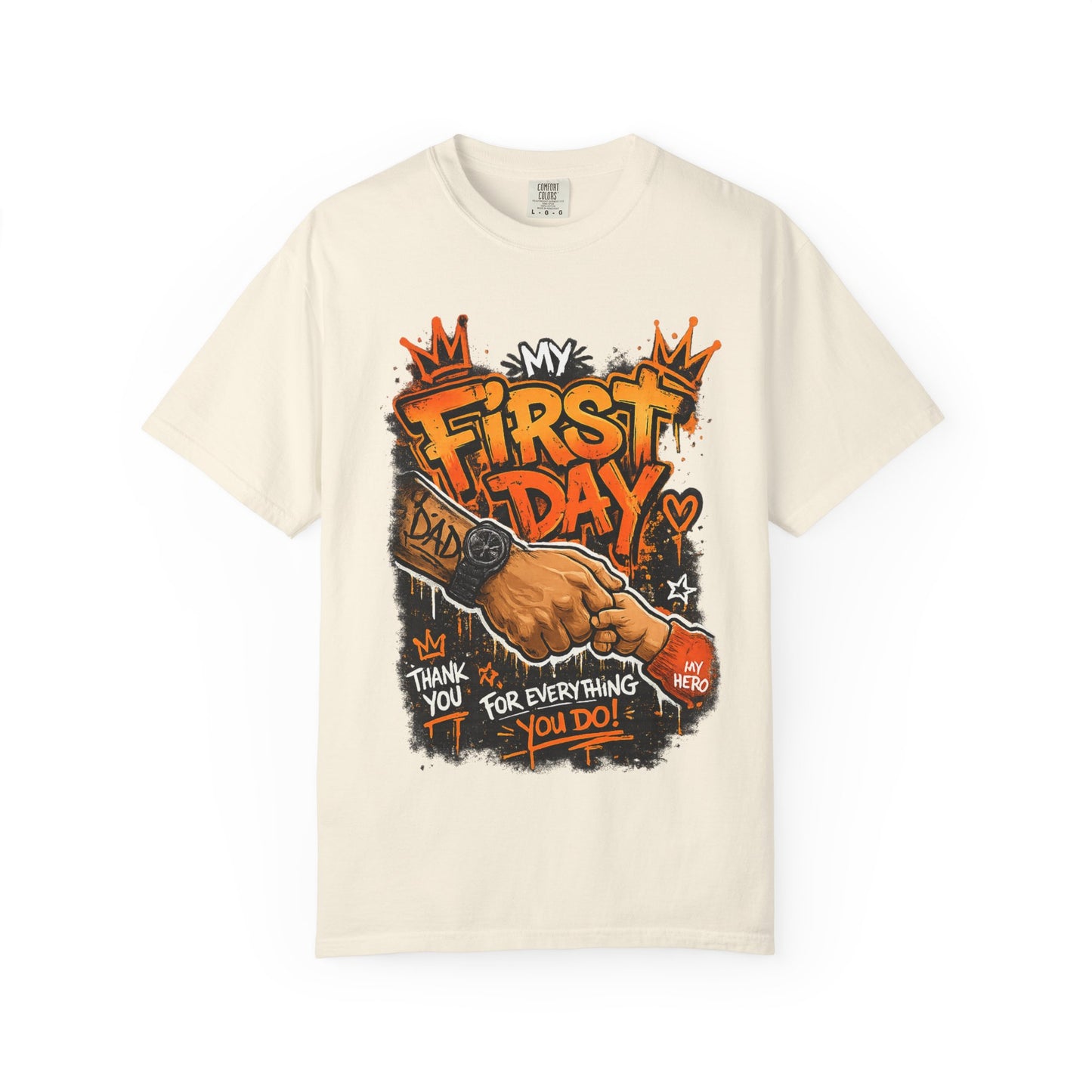 My First Day graphic T-shirt | Thank You Dad, hand shake illustration