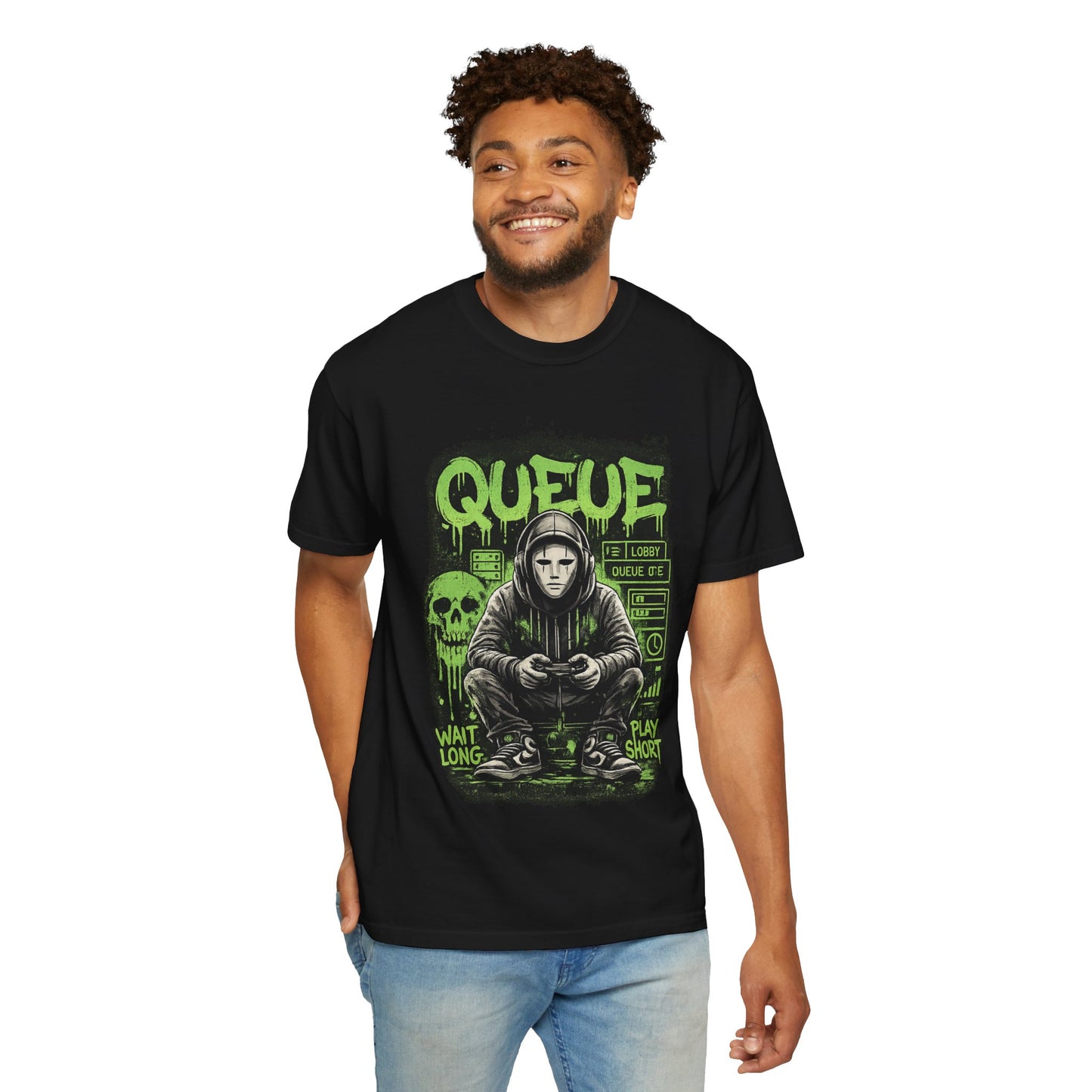 Queue Gamer Hoodie T-Shirt | Waiting Player Graphic Tee, Neon Green Skull Art