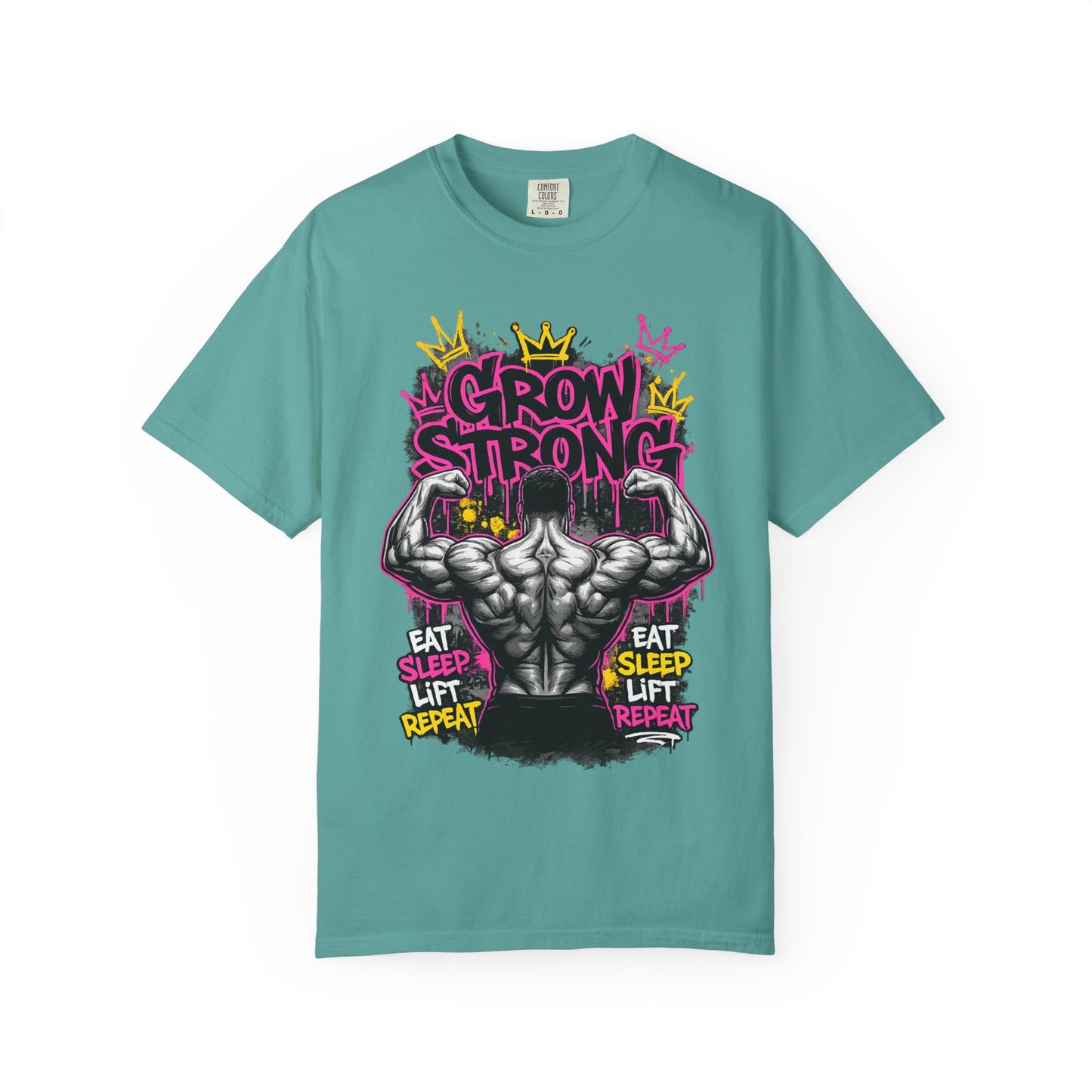 Grow Strong muscular back illustration T-shirt | Eat Sleep Lift Repeat gym tee