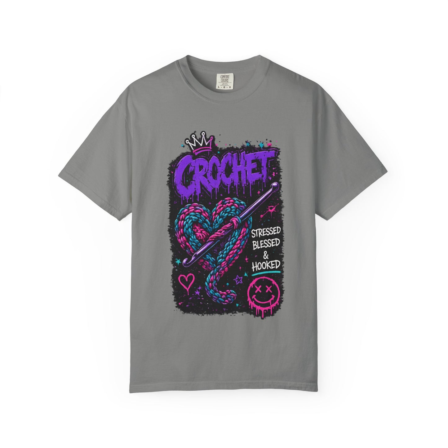 Crochet Graphic T-Shirt — "Stressed Blessed & Hooked" Retro Heart Design