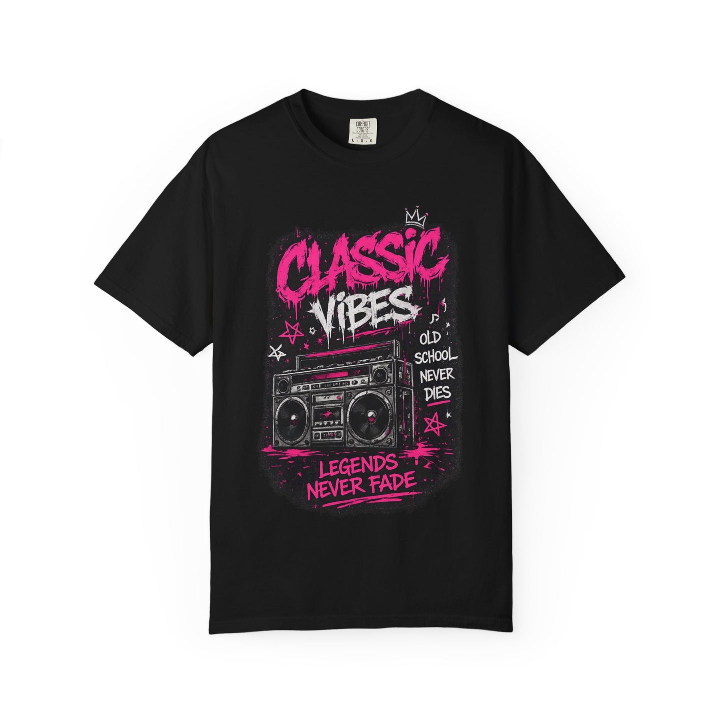 Classic Vibes T-Shirt — 'Legends Never Fade' Retro Boombox Graphic