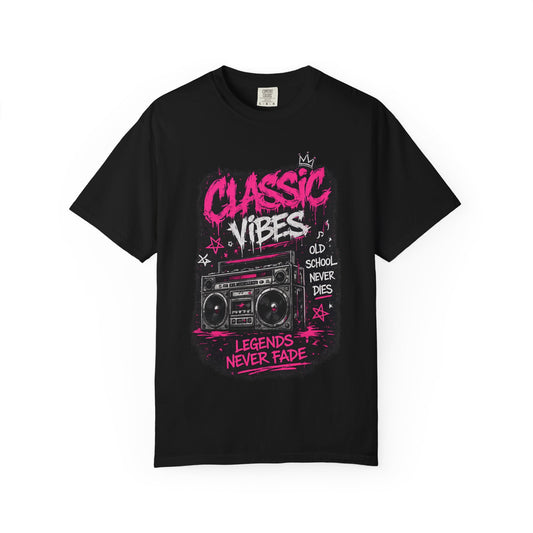 Classic Vibes T-Shirt — 'Legends Never Fade' Retro Boombox Graphic