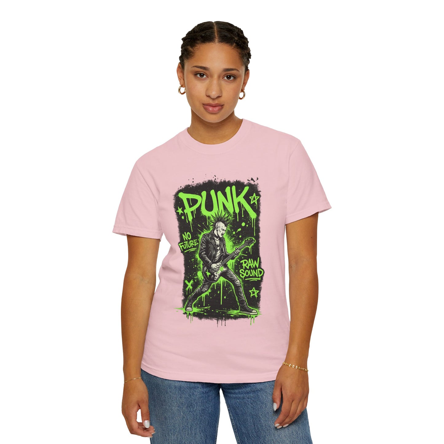 Punk Guitarist Graphic T-Shirt — “PUNK: No Future, Raw Sound” Neon Green Band Tee