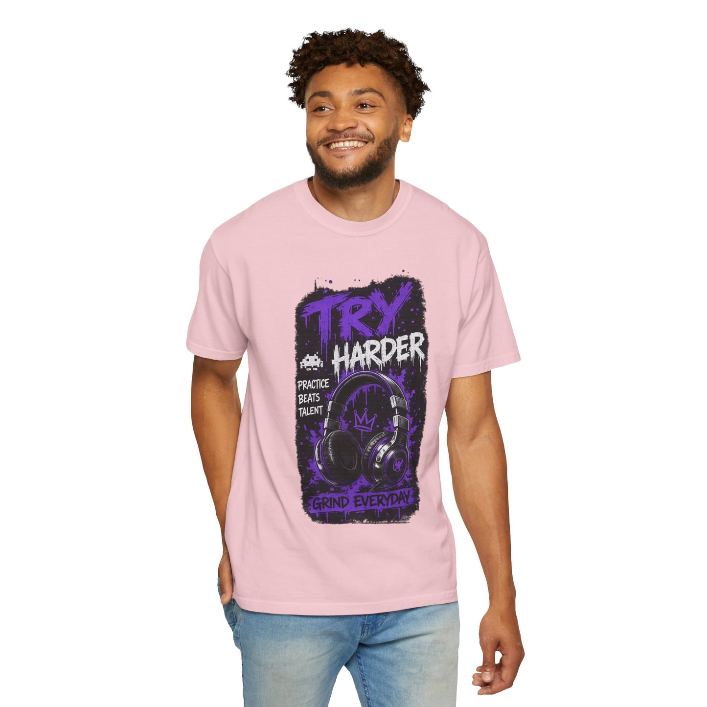 Try Harder Graphic T-Shirt — 'Try Harder' Headphones Motivational Tee
