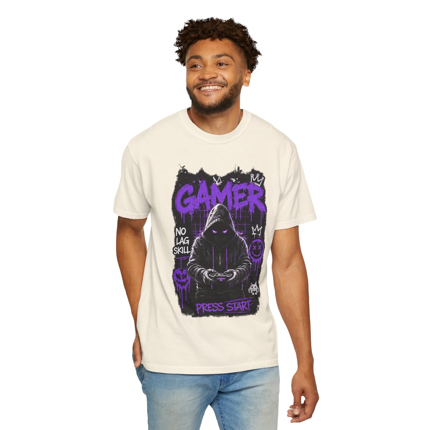 Gamer Hoodie Skull T‑Shirt — 'GAMER' Purple Graphic Press Start Tee