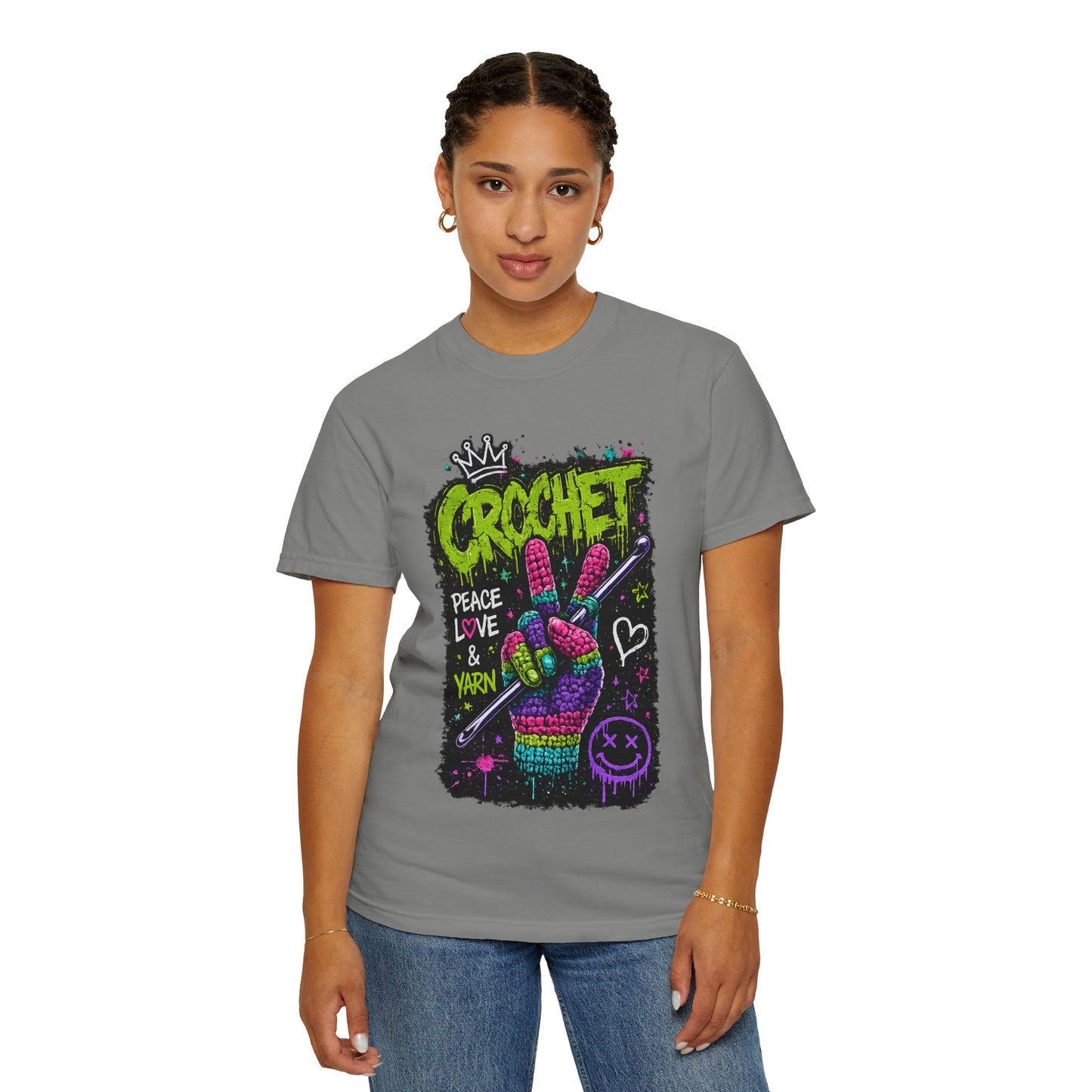 Crochet Peace Sign T-Shirt — "Crochet: Peace, Love & Yarn" Graphic Tee