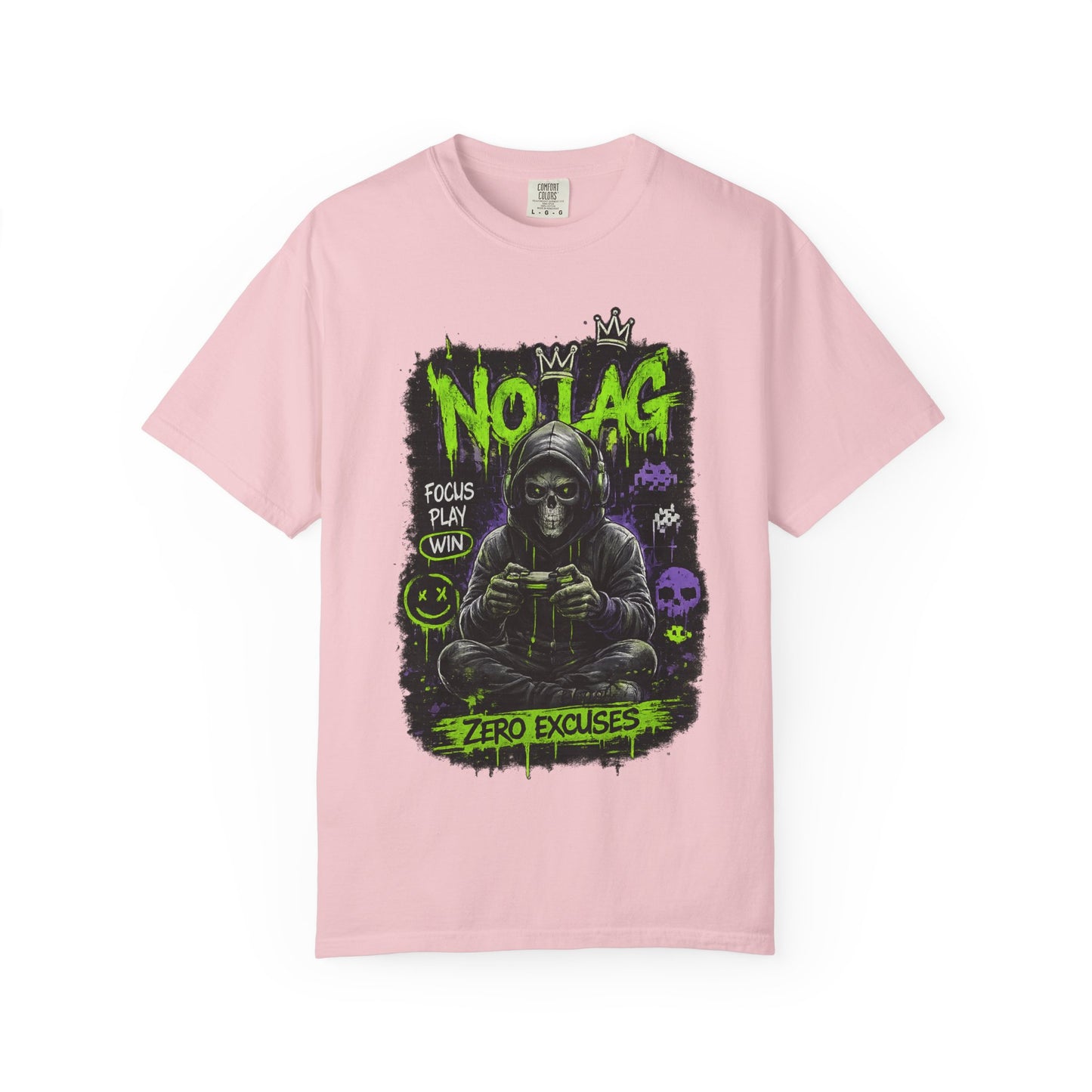 No Lag Gamer T-Shirt — “Zero Excuses” Neon Skull Gaming Tee