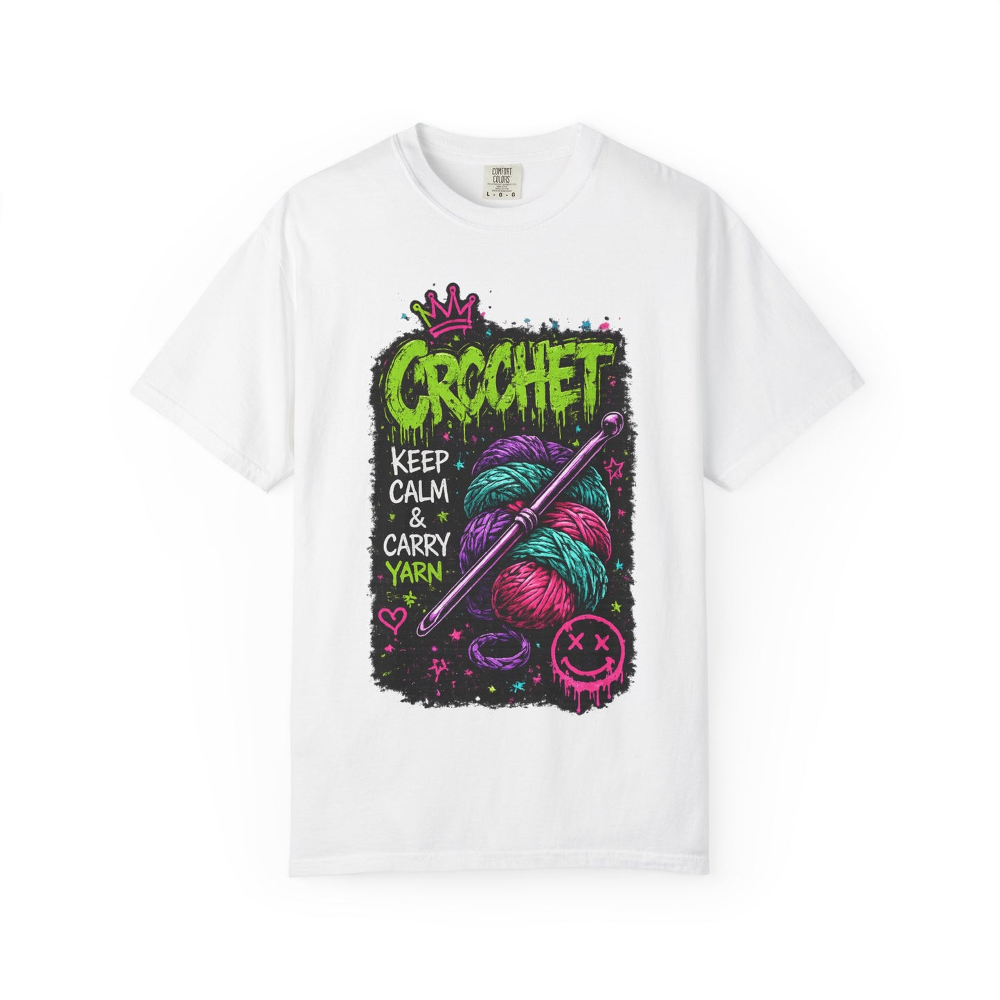 Crochet Keep Calm T-Shirt — Neon Yarn Graphic Tee for Crafters