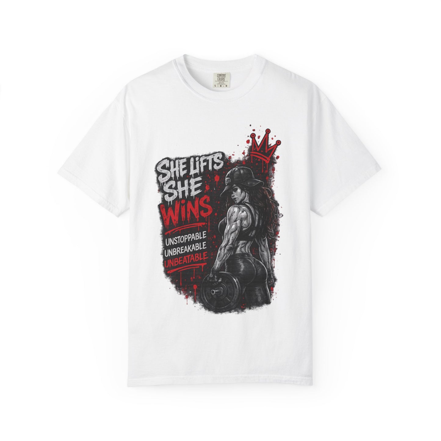 She Lifts She Wins T-Shirt — Women’s Strength Fitness Graphic Tee