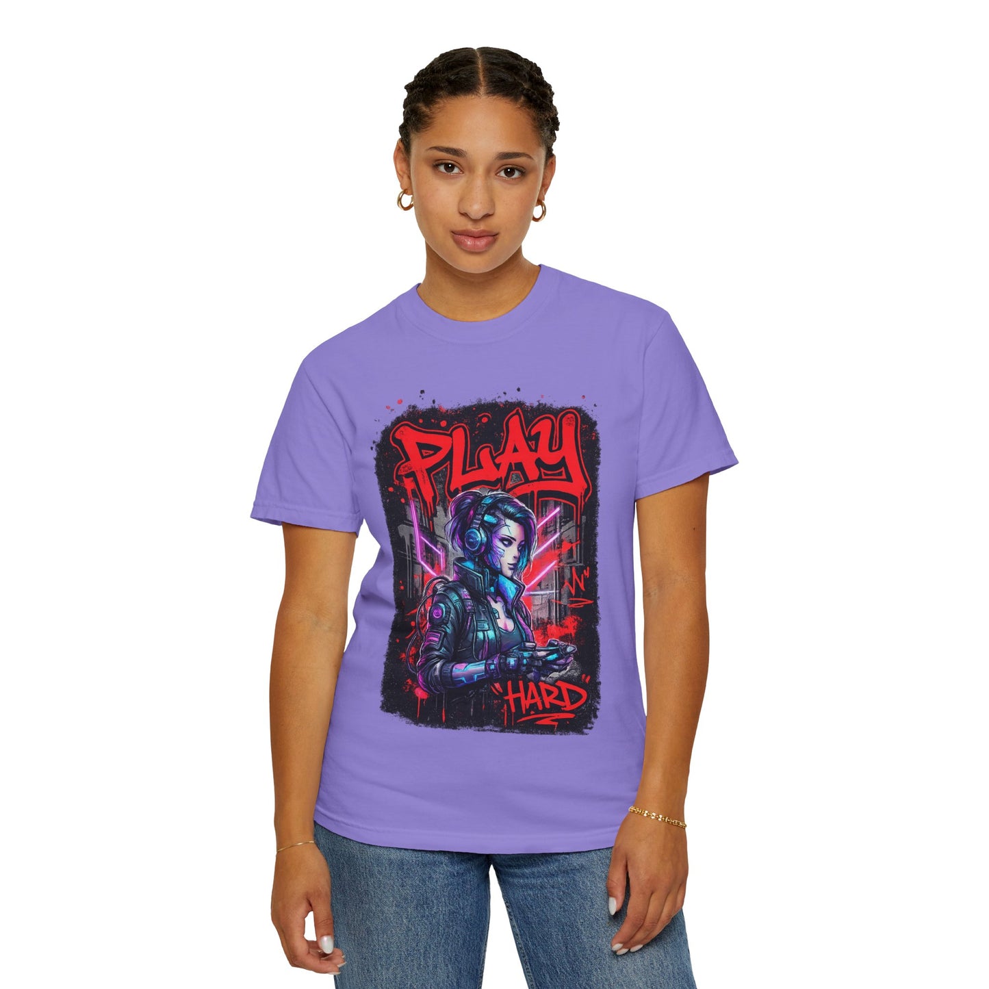 Play Hard Gamer T-Shirt — Neon Cyberpunk Video Game Tee