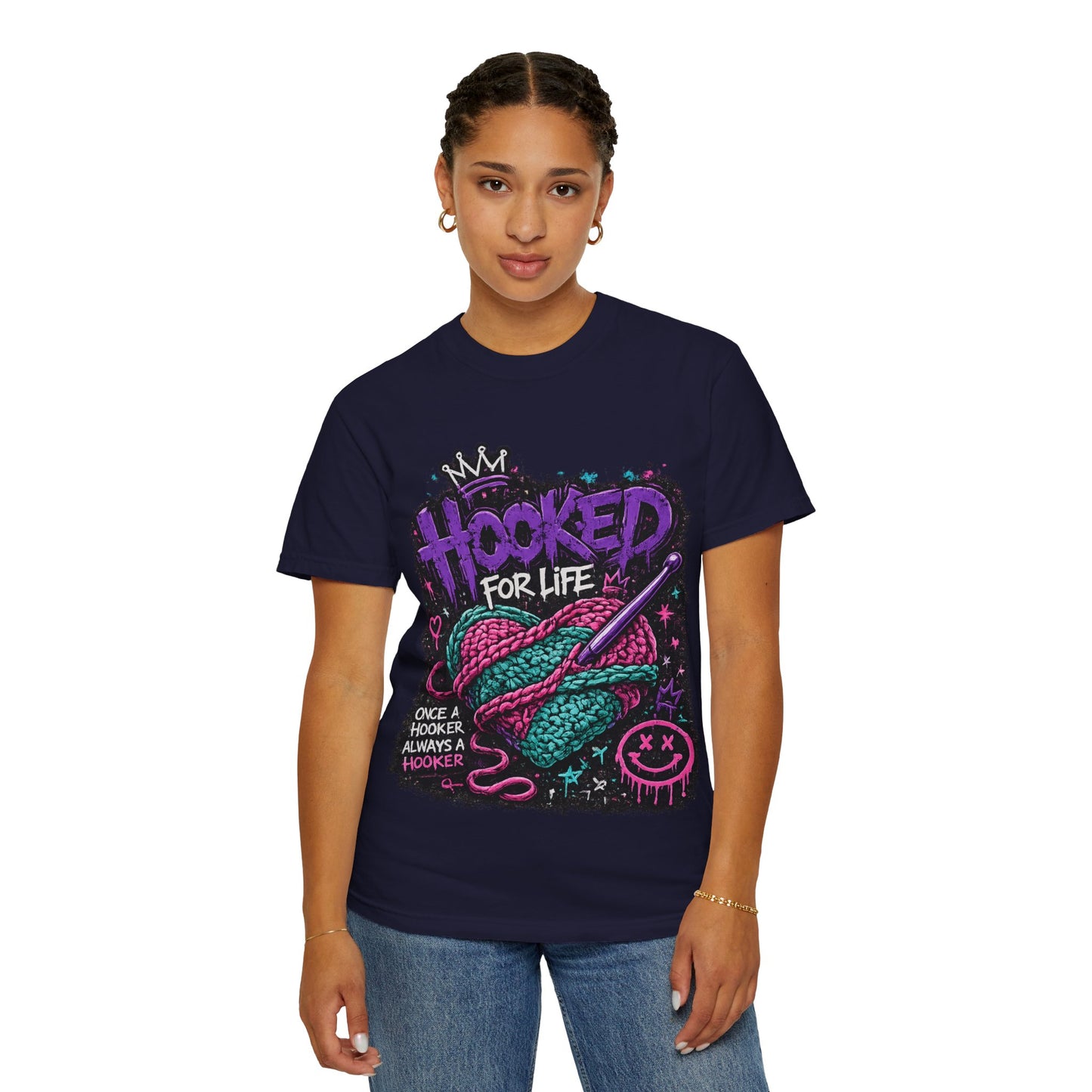Hooked For Life Knitting T-Shirt — "Hooked for Life" Yarn & Crochet Graphic Tee