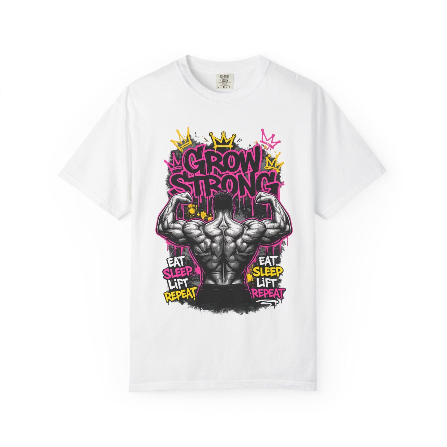 Grow Strong muscular back illustration T-shirt | Eat Sleep Lift Repeat gym tee