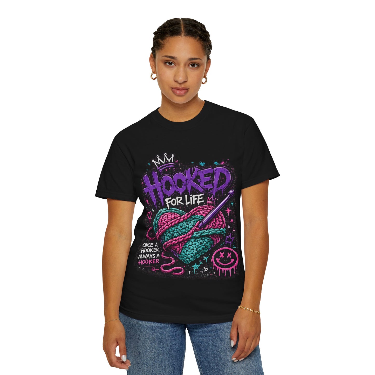 Hooked For Life Knitting T-Shirt — "Hooked for Life" Yarn & Crochet Graphic Tee