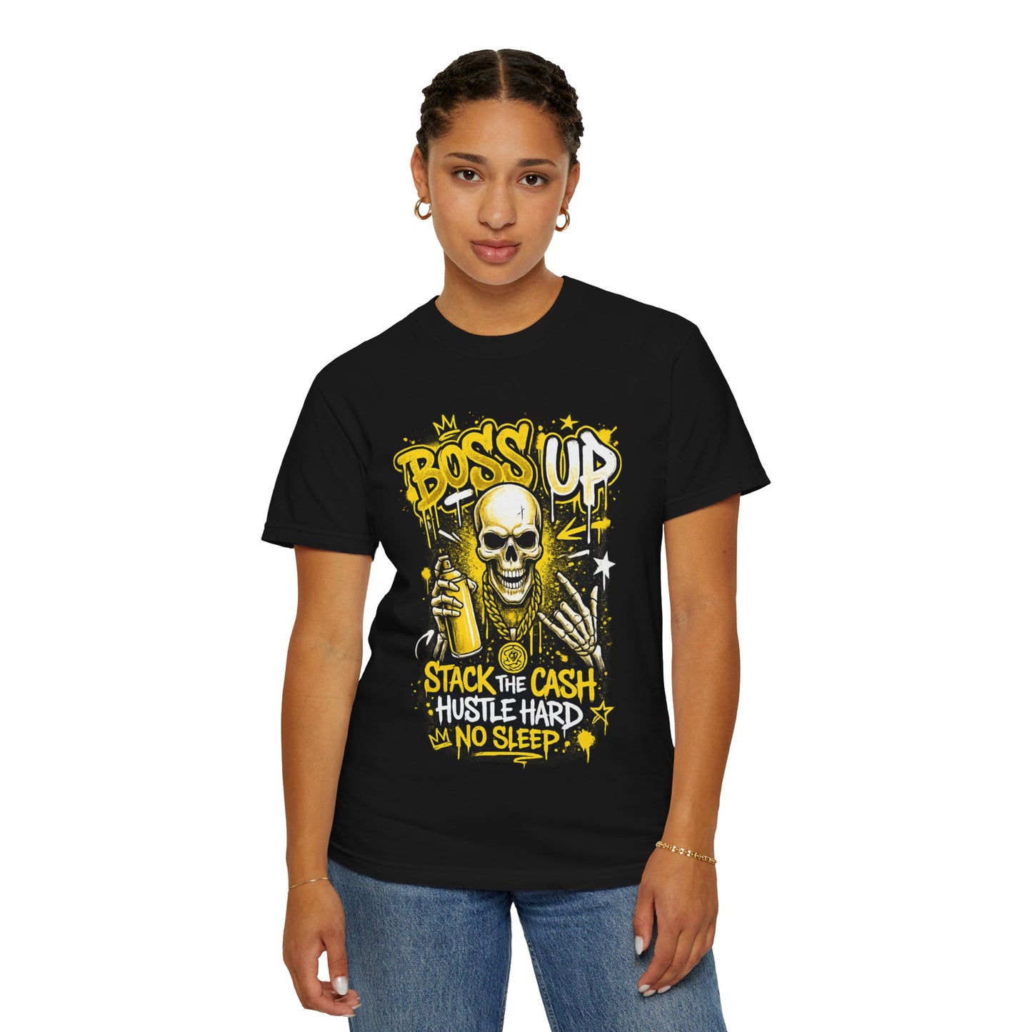 Boss Up Skull Hustle T-Shirt — "Stack the Cash, Hustle Hard, No Sleep" Graphic Tee