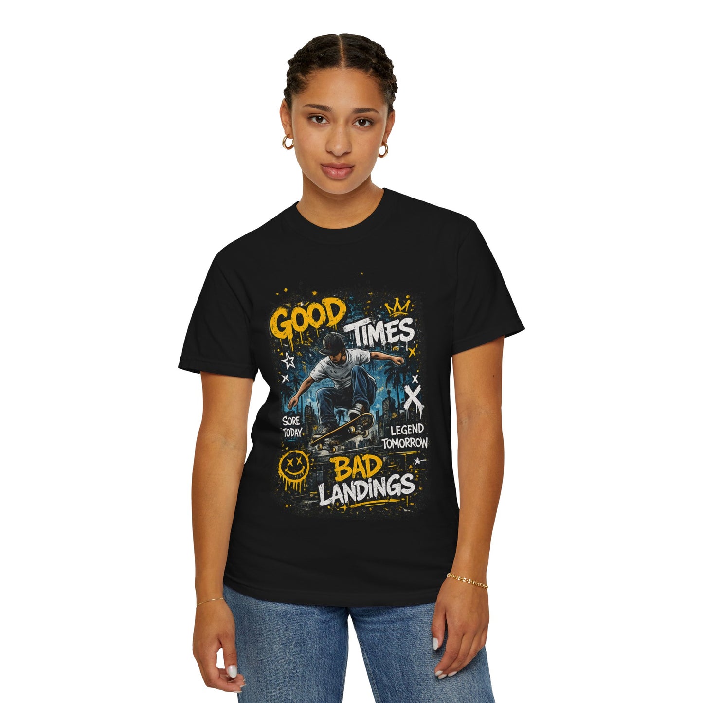 Skateboard T-Shirt — "Good Times, Bad Landings" Graphic Tee