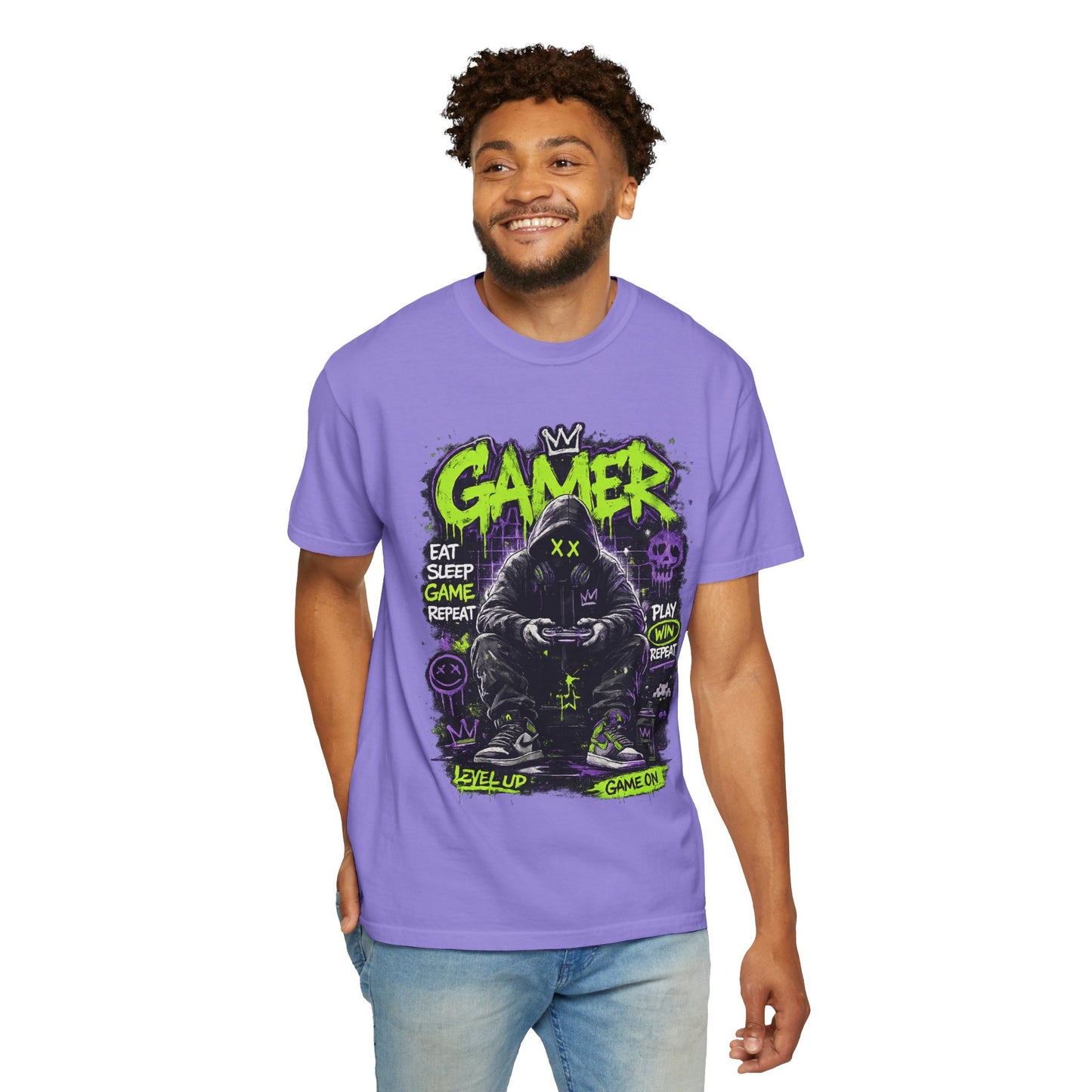 Gamer Hooded Figure Graphic T-Shirt | Neon Green Purple Streetwear