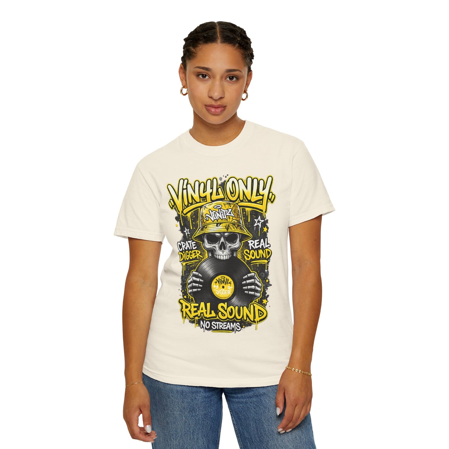 Vinyl Only Skull T-Shirt – "Real Sound, No Streams" Retro DJ Tee