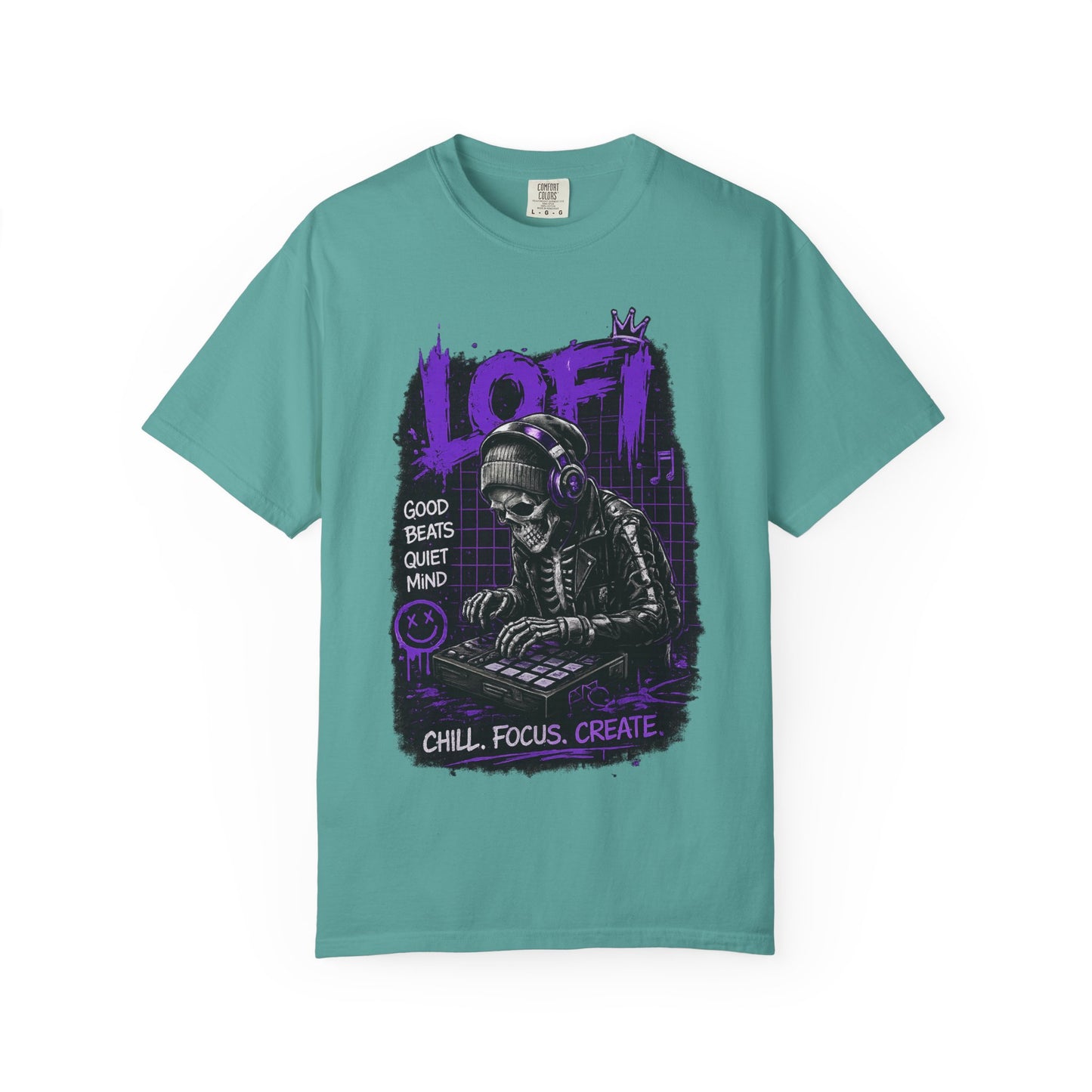 LoFi Skull DJ T-Shirt — "Chill. Focus. Create." Music Graphic Tee for Creators