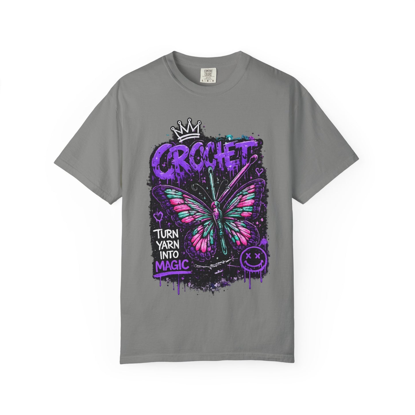 Crochet Butterfly T-Shirt — "Turn Yarn Into Magic" Graphic Tee