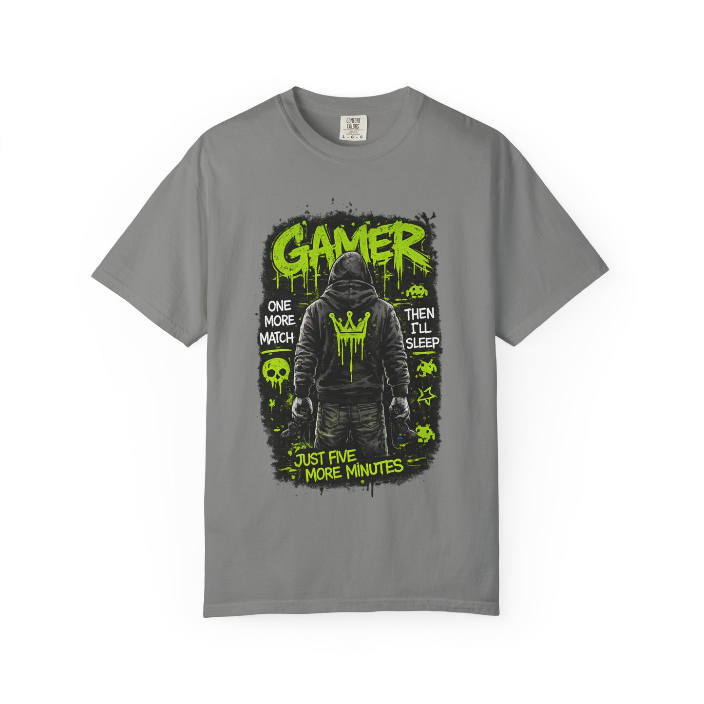 Gamer Hoodie-Style Graphic T-Shirt | Neon Green Skull, 'Just Five More Minutes'