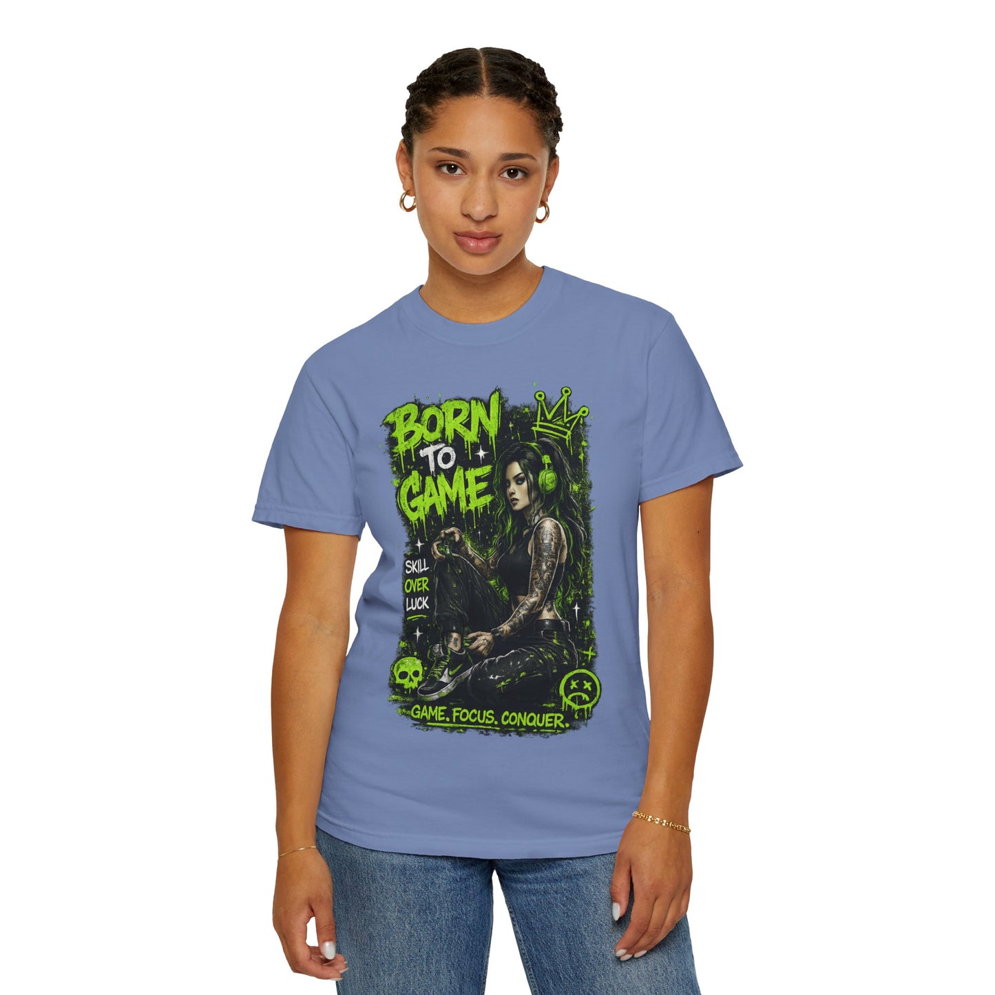 Born to Game Graphic T-Shirt — Gamer Skull & Neon Green Design