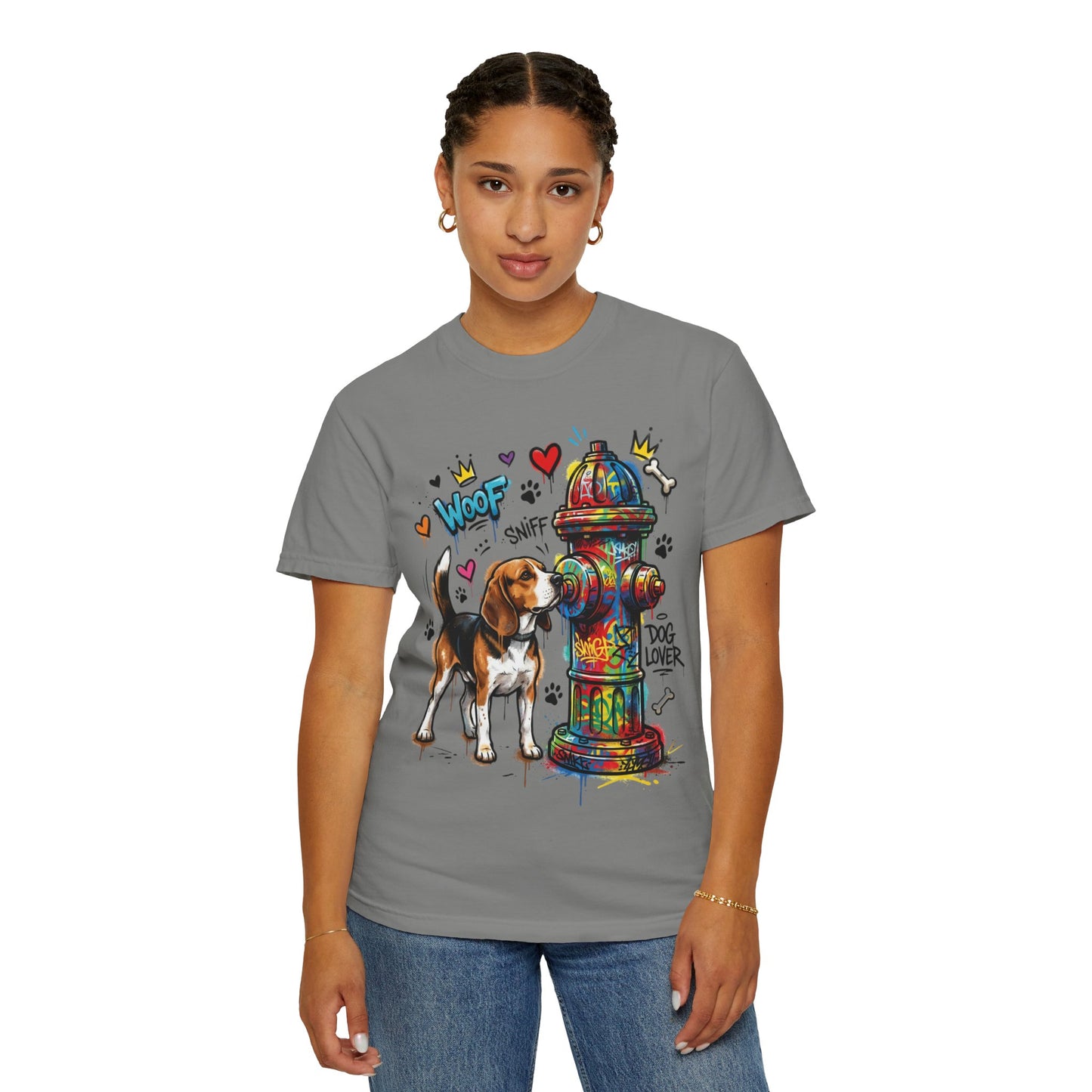 Beagle Dog Lover T-Shirt — Colorful Hydrant & 'Woof Sniff' Graphic