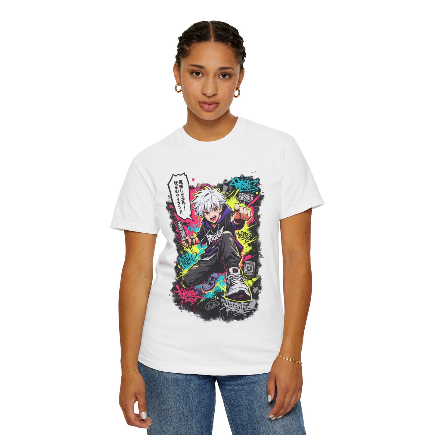Anime Streetwear T-Shirt — Neon Urban Character Design with Japanese Text