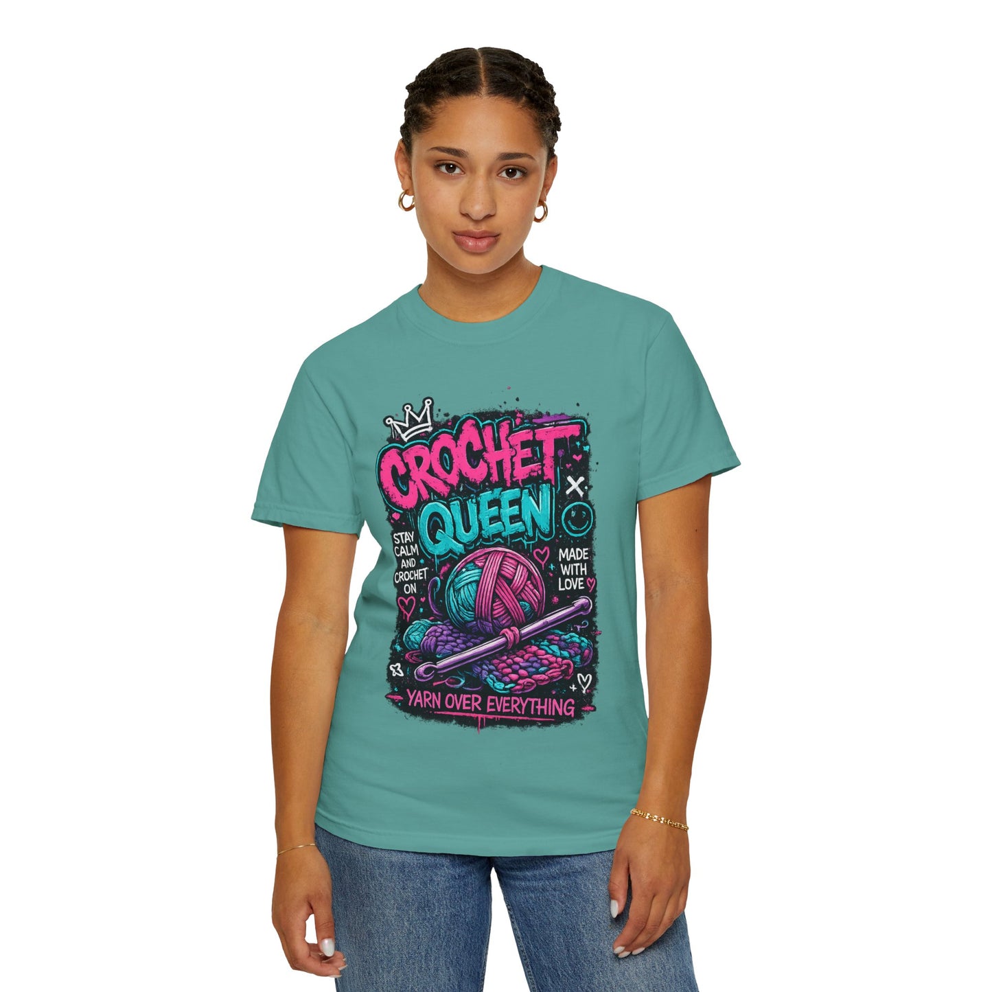 Crochet Queen T-Shirt — Yarn Over Everything Graphic Tee for Crafters