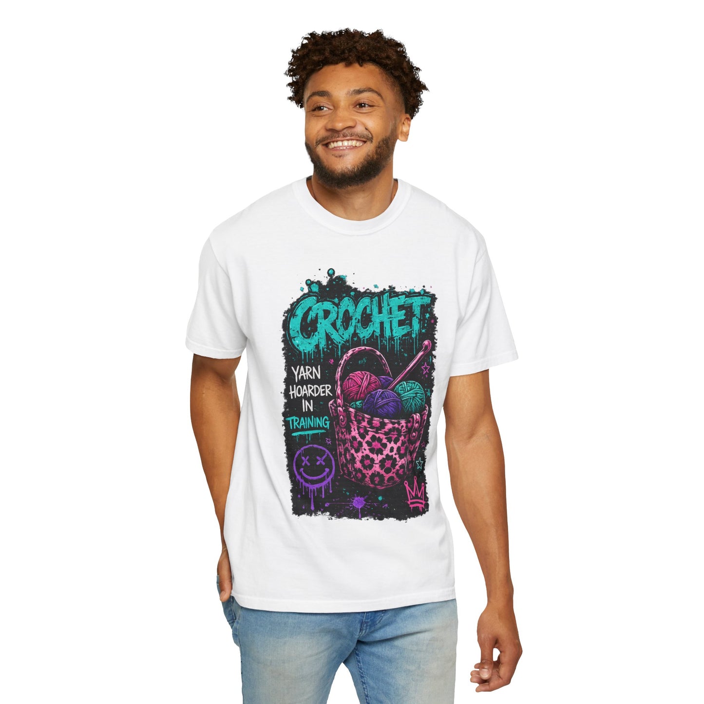Crochet Crewneck T‑Shirt — "Yarn Harder in Training" Graphic