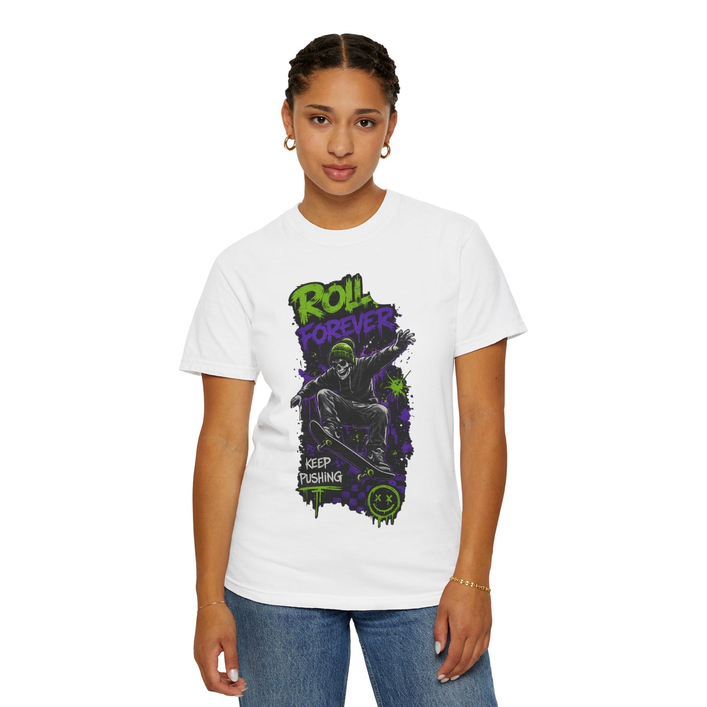 Skateboard T-Shirt — "Roll Forever / Keep Pushing" Graphic Tee
