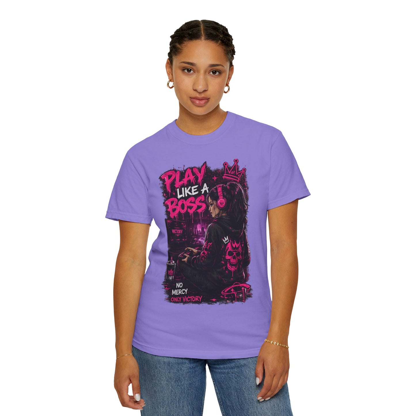 Play Like a Boss T-Shirt — Gamer Crown Graphic Tee ("No Mercy, Only Victory")