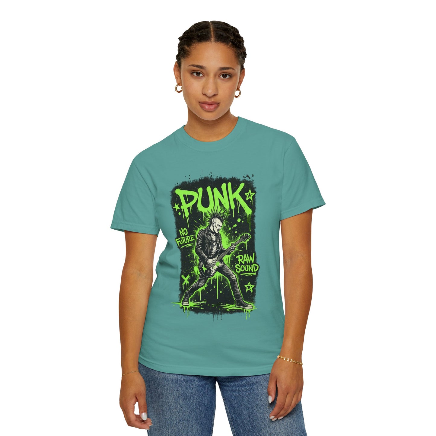 Punk Guitarist Graphic T-Shirt — “PUNK: No Future, Raw Sound” Neon Green Band Tee