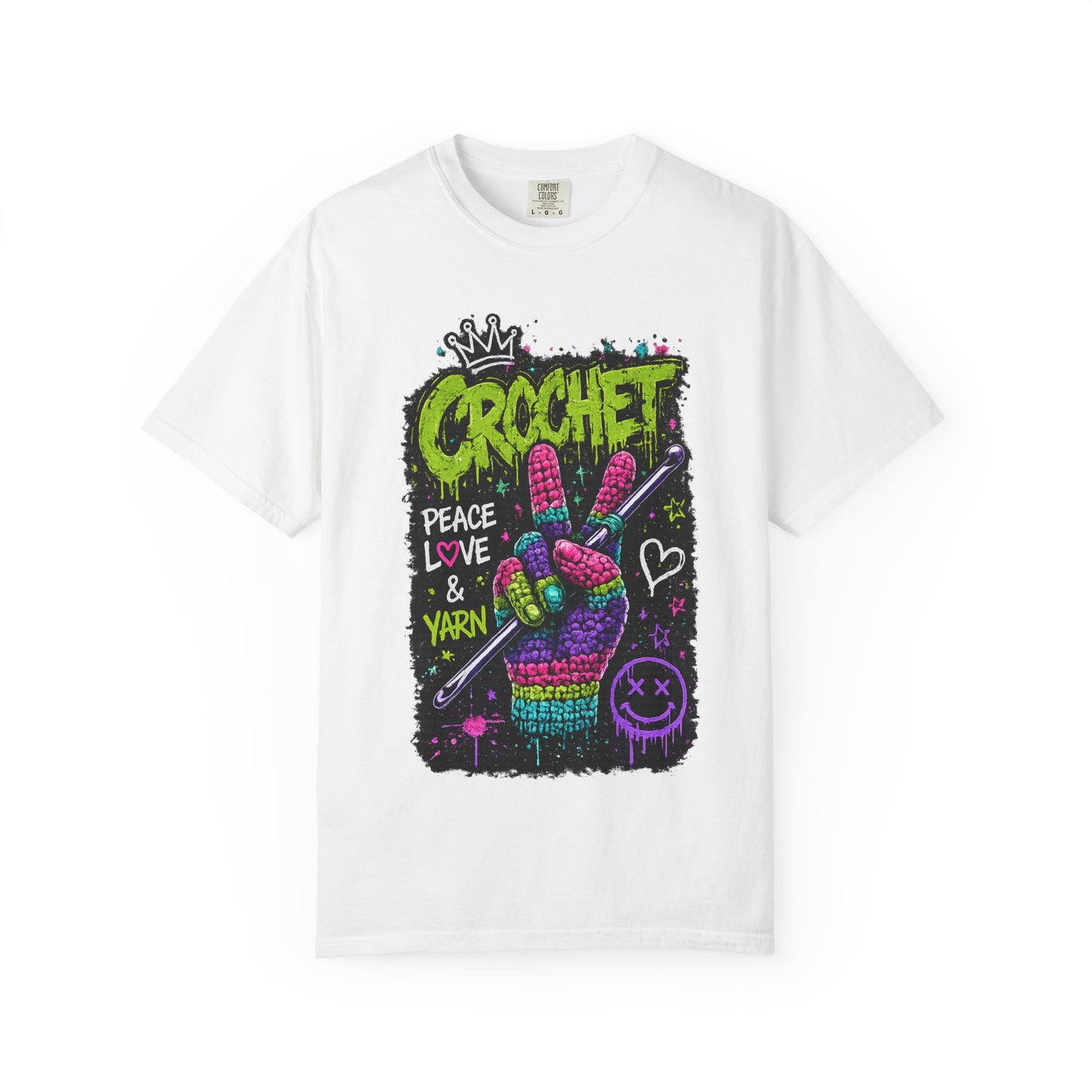 Crochet Peace Sign T-Shirt — "Crochet: Peace, Love & Yarn" Graphic Tee