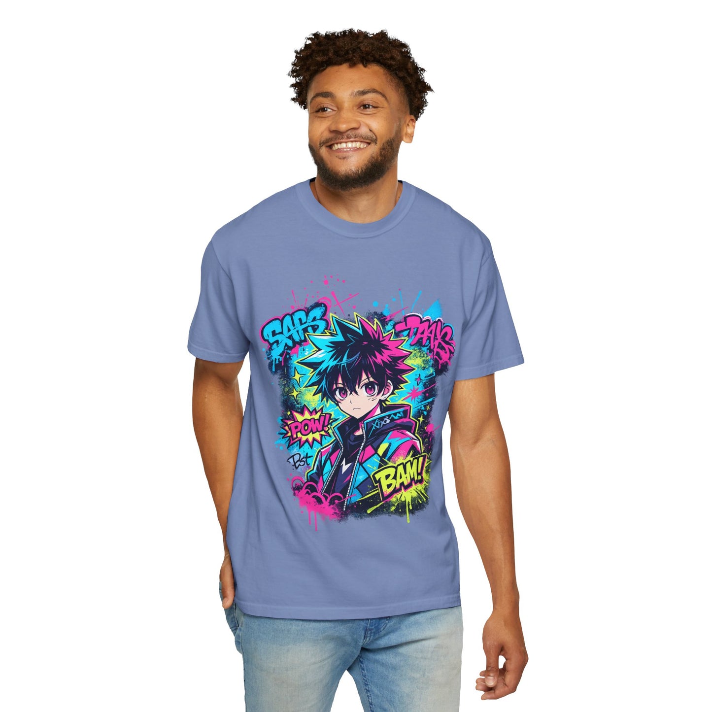 Anime Comic Boy Graphic T-Shirt — Neon Manga "BAM!" Design