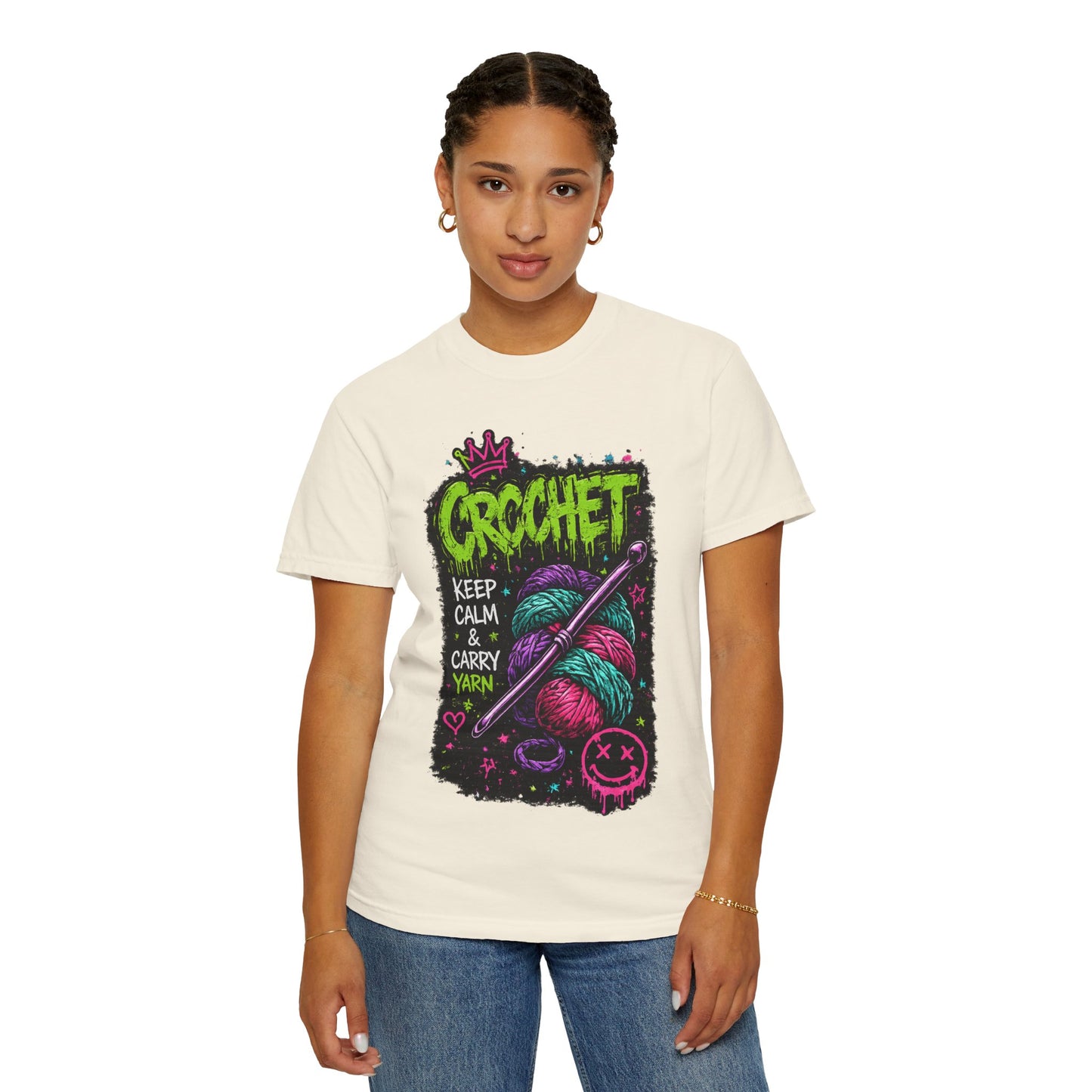 Crochet Keep Calm T-Shirt — Neon Yarn Graphic Tee for Crafters