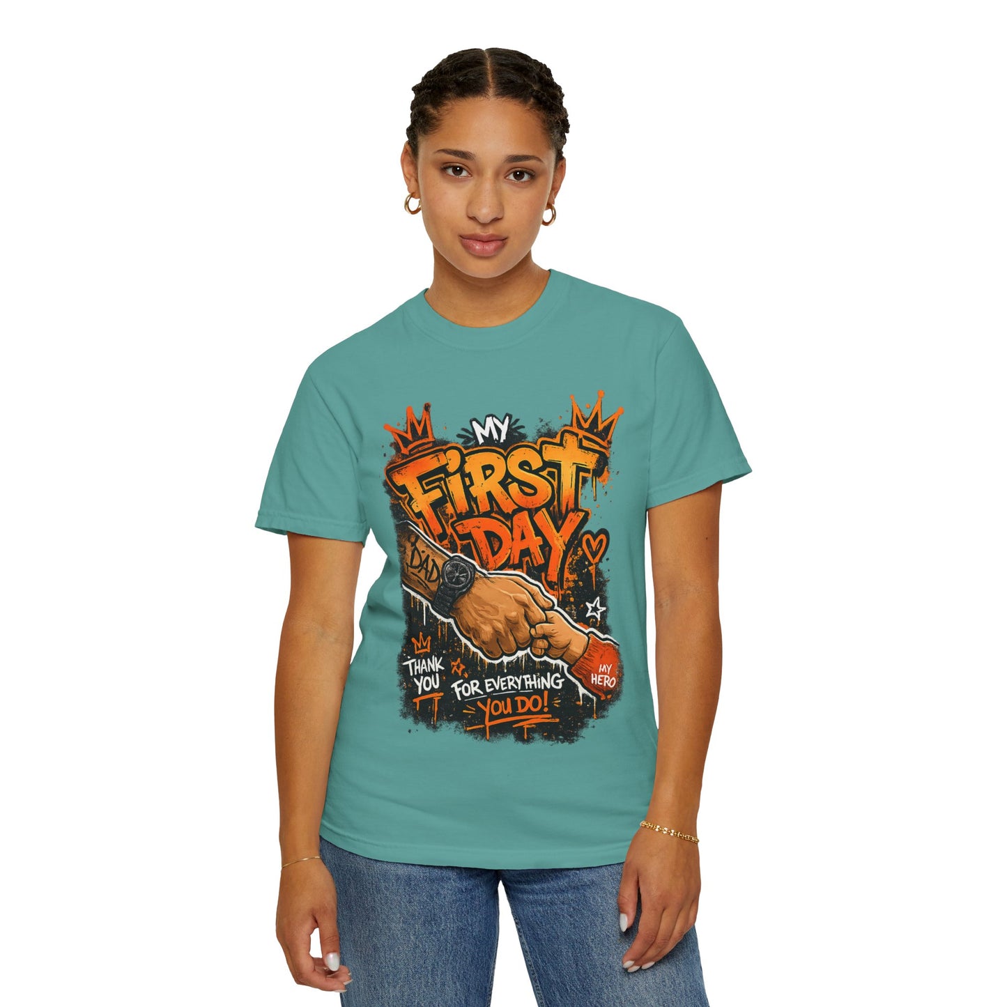 My First Day graphic T-shirt | Thank You Dad, hand shake illustration