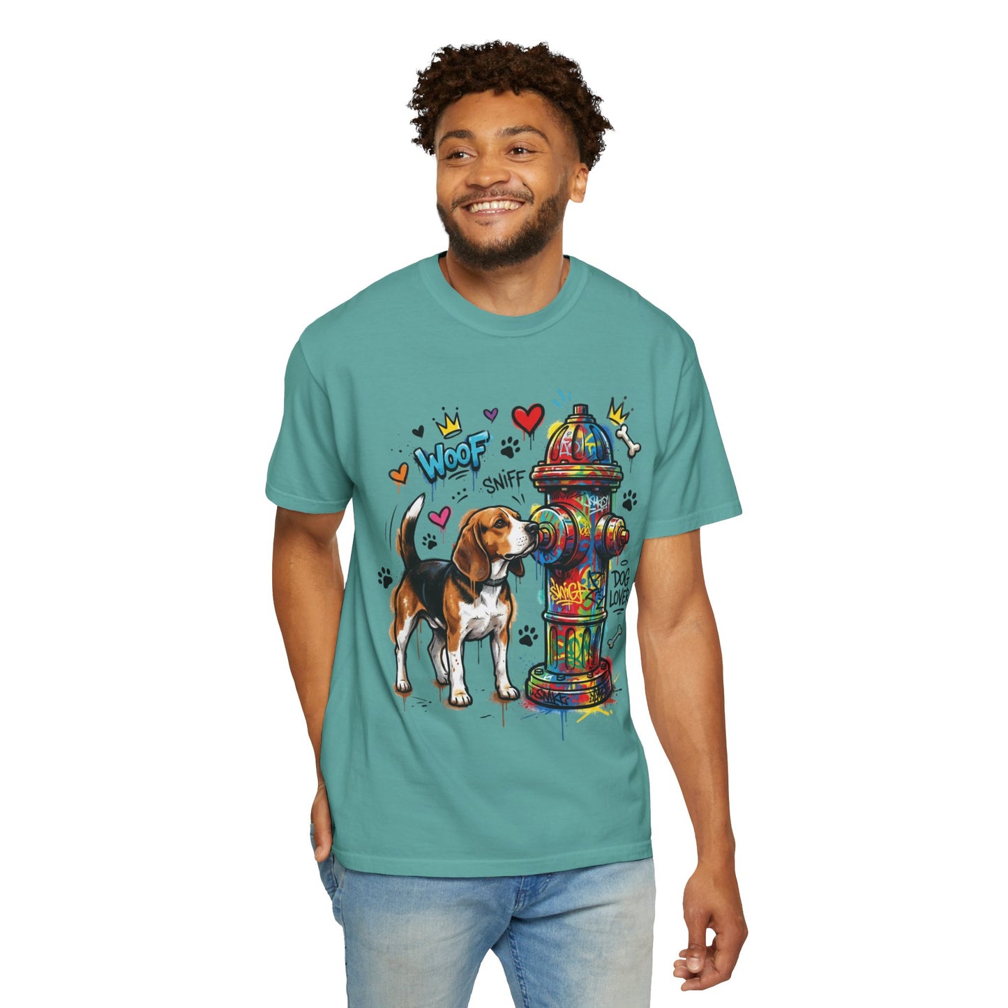 Beagle Dog Lover T-Shirt — Colorful Hydrant & 'Woof Sniff' Graphic