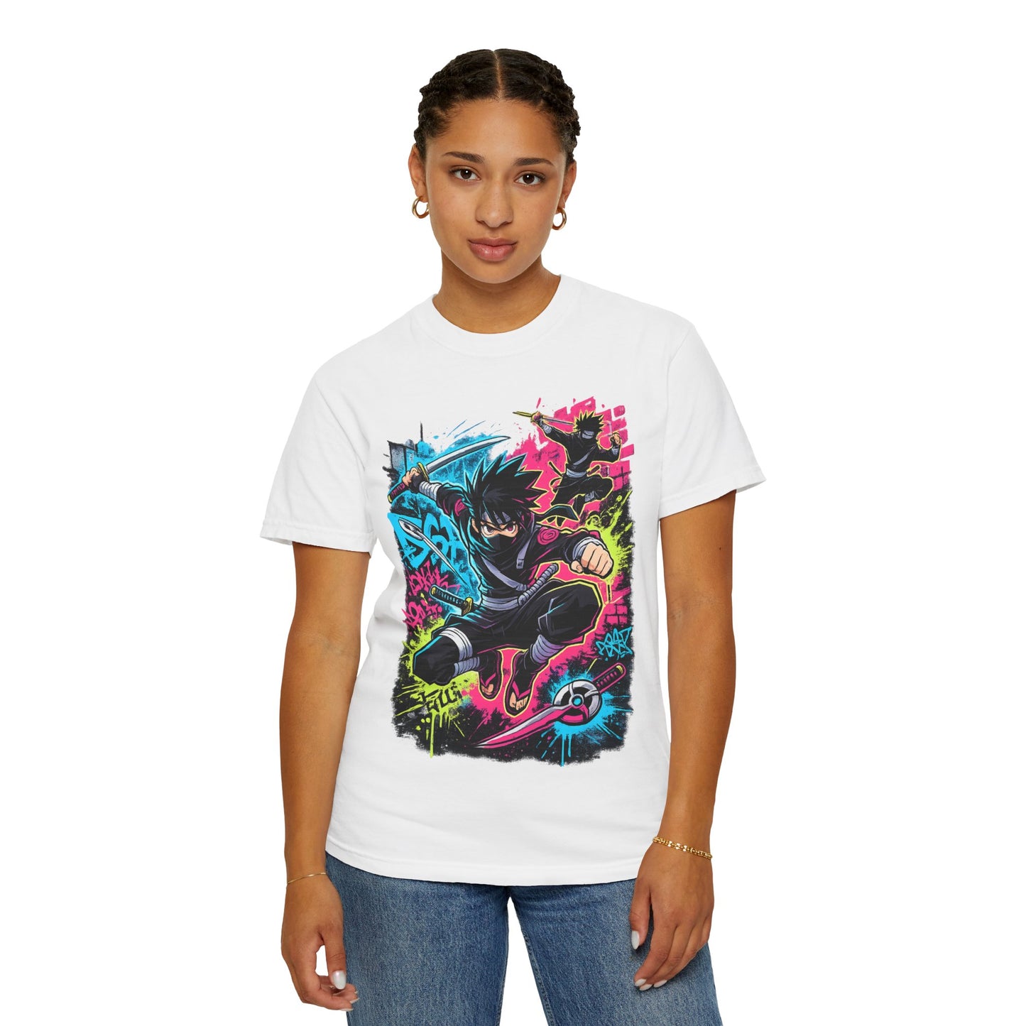 Anime Ninja Street Art T-Shirt — Neon Graffiti Graphic Tee