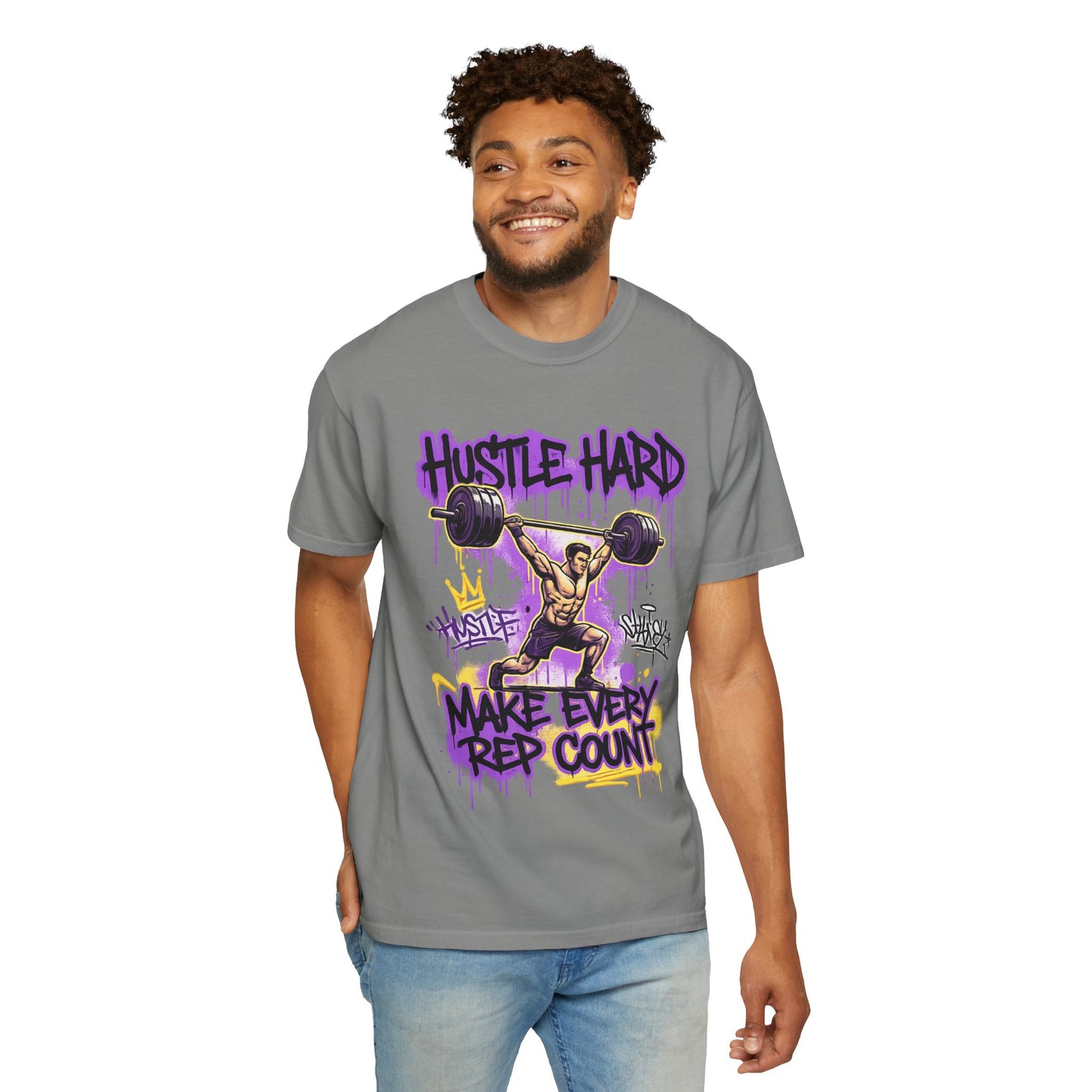 Hustle Hard Make Every Rep Count T-Shirt | Weightlifting Gym Graphic