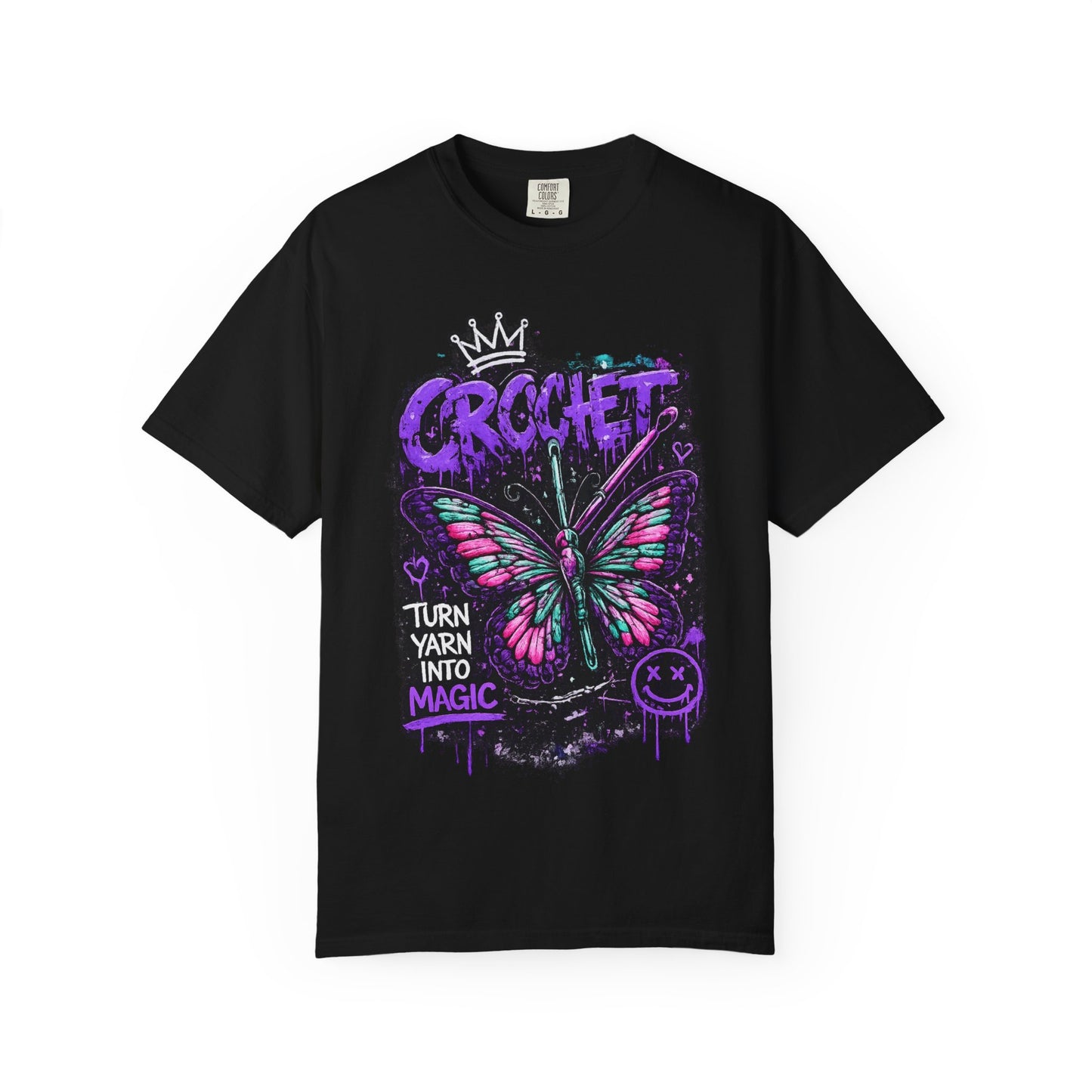 Crochet Butterfly T-Shirt — "Turn Yarn Into Magic" Graphic Tee
