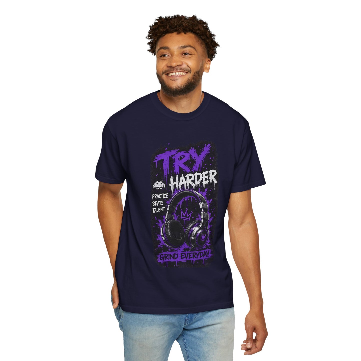 Try Harder Graphic T-Shirt — 'Try Harder' Headphones Motivational Tee