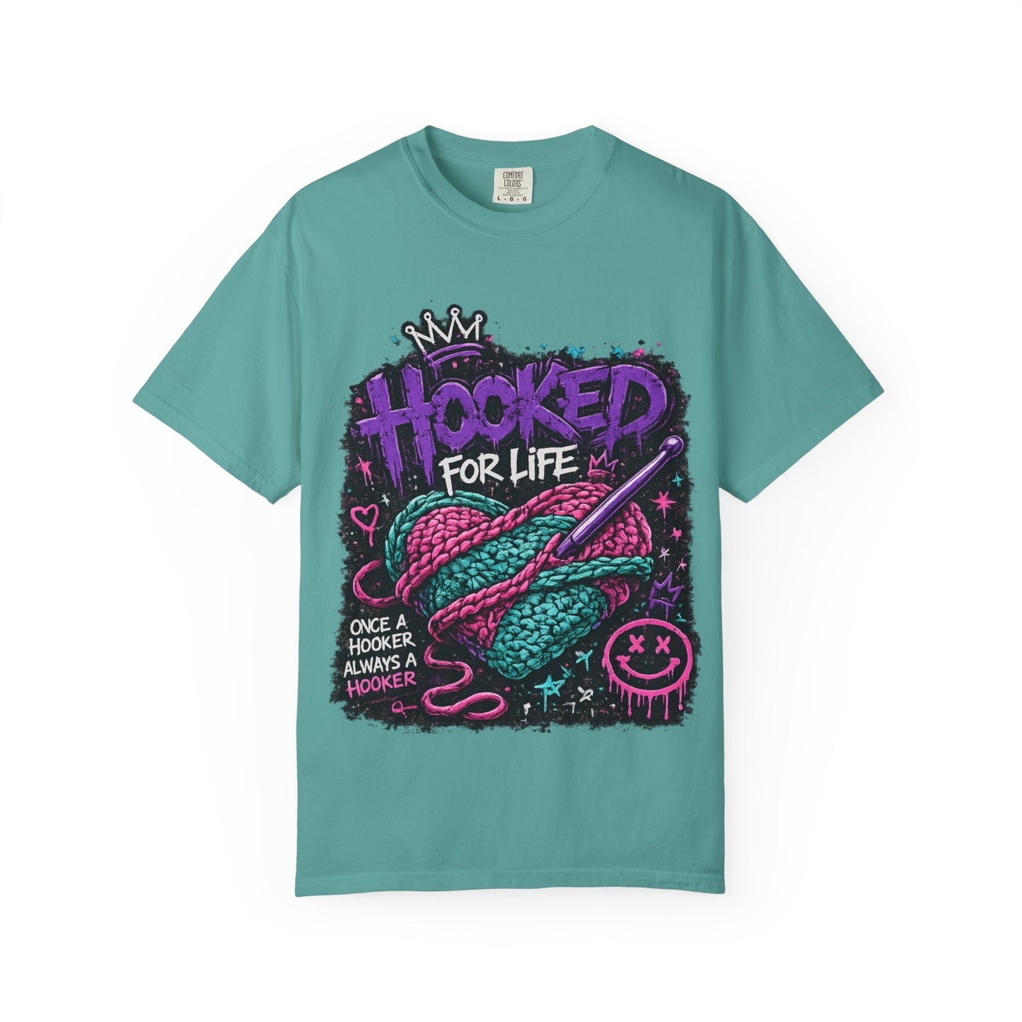 Hooked For Life Knitting T-Shirt — "Hooked for Life" Yarn & Crochet Graphic Tee