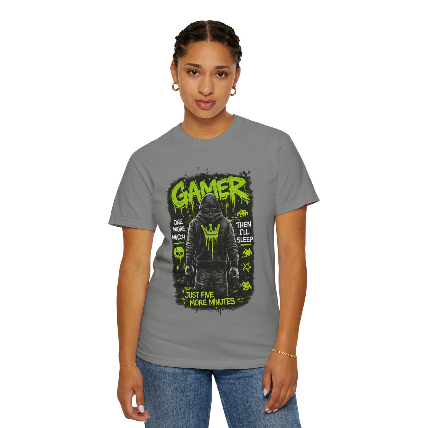 Gamer Hoodie-Style Graphic T-Shirt | Neon Green Skull, 'Just Five More Minutes'