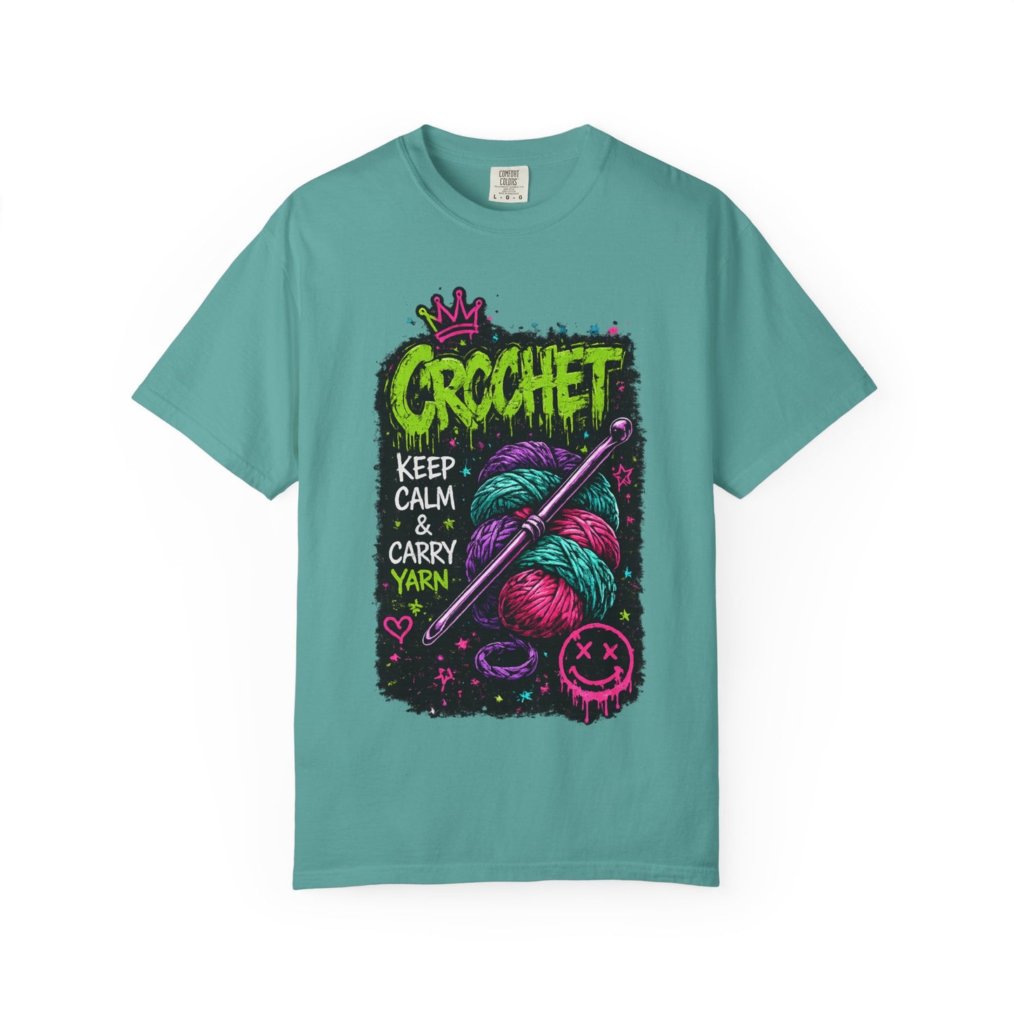 Crochet Keep Calm T-Shirt — Neon Yarn Graphic Tee for Crafters