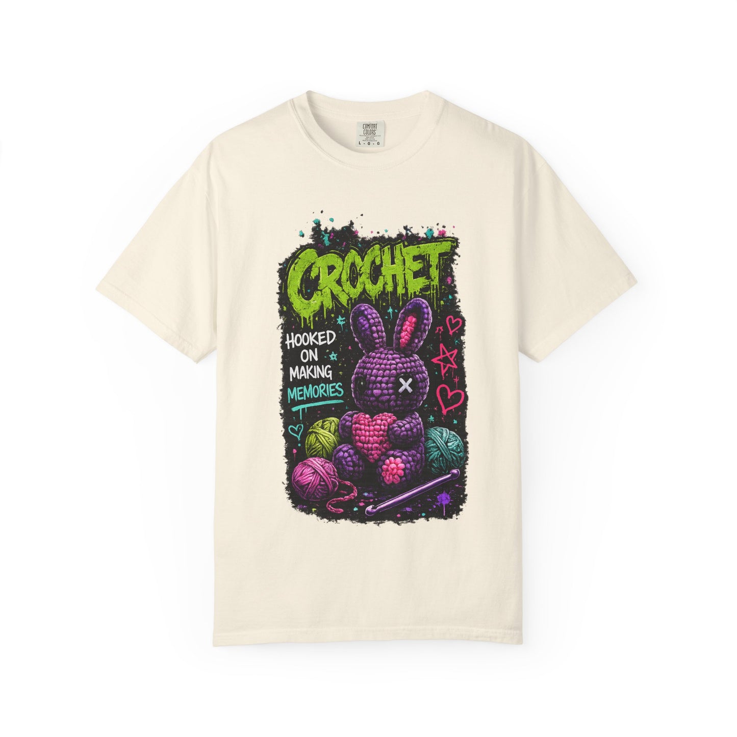 Crochet Bunny Graphic T-Shirt — “Hooked on Making Memories”