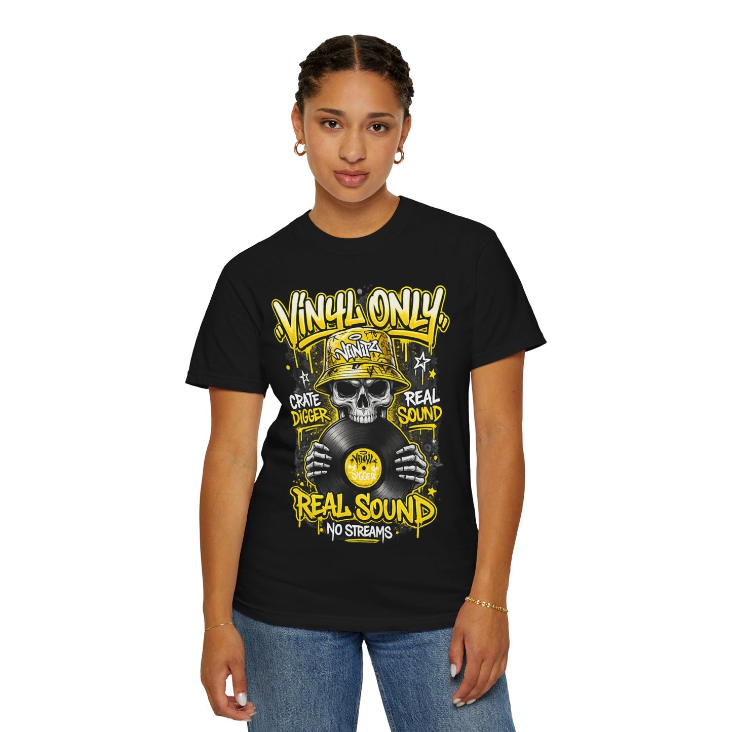Vinyl Only Skull T-Shirt – "Real Sound, No Streams" Retro DJ Tee