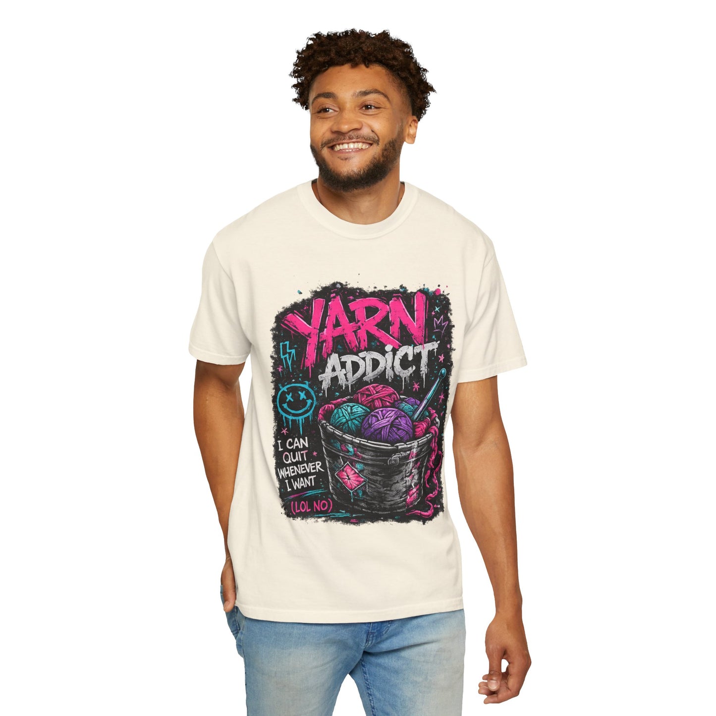 Yarn Addict T-Shirt — Funny Knitting/Crochet Graphic Tee ("I Can Quit Whenever I Want")