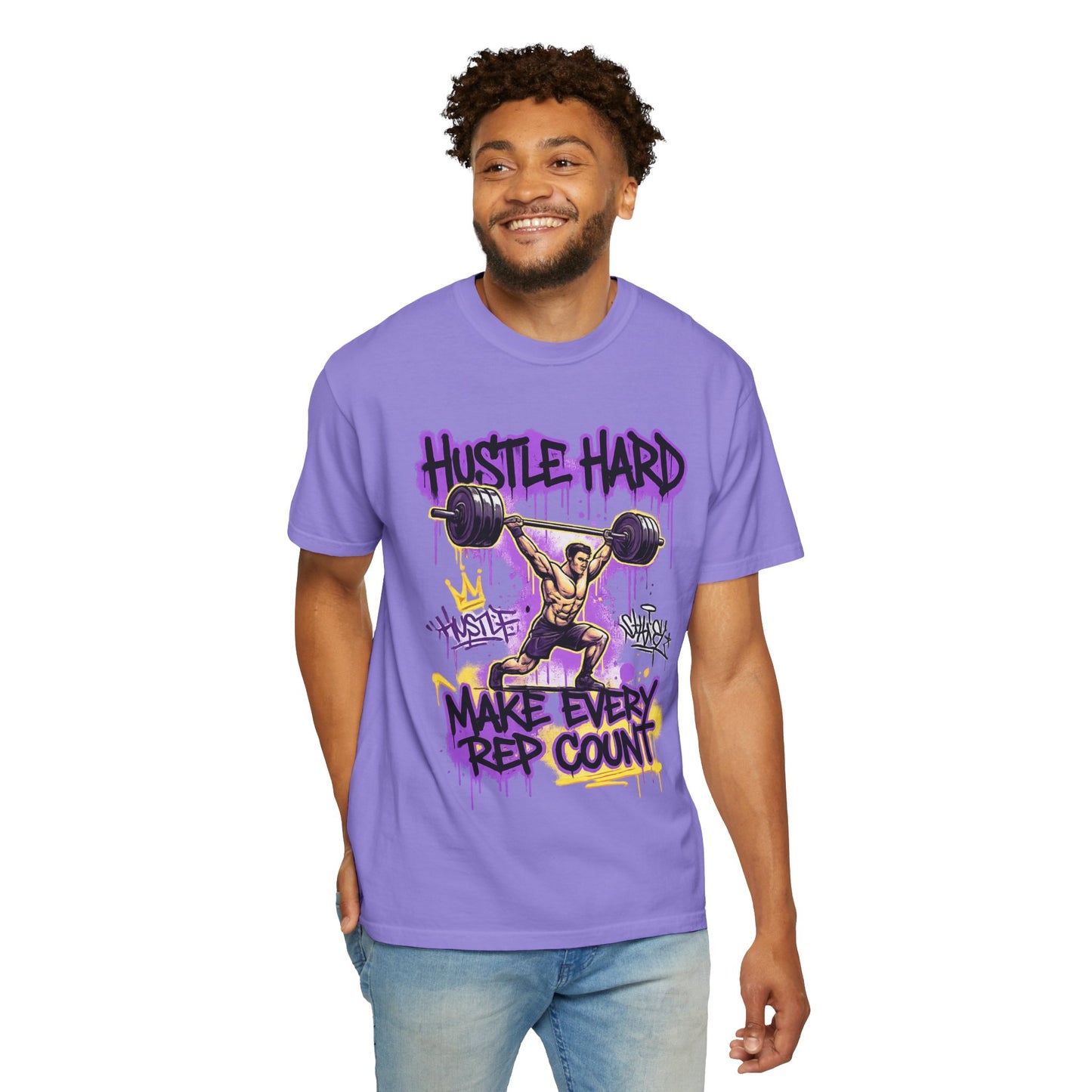 Hustle Hard Make Every Rep Count T-Shirt | Weightlifting Gym Graphic